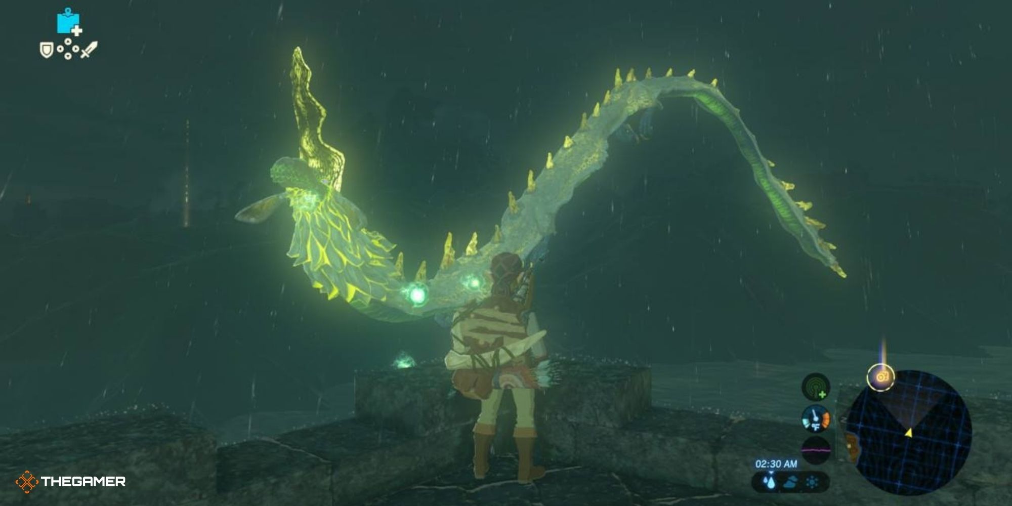 Link standing in front of Farosh in Breath of the Wild