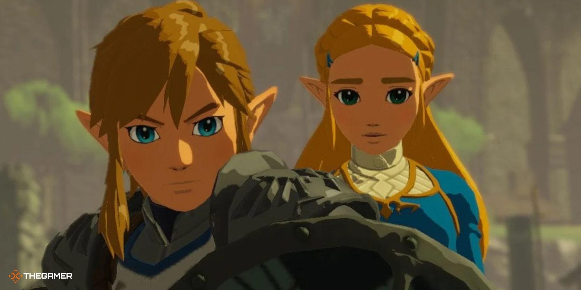 Breath of the Wild - Link standing in front of Zelda with a shield