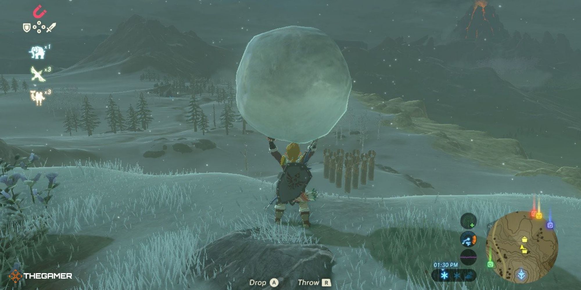 Link holding a giant snow bowling ball above his head, readying to throw it down the hill at the pins.