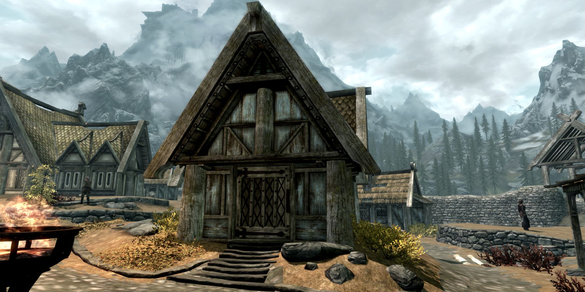 A house stands in the middle of a drab city, available for the player to purchase.