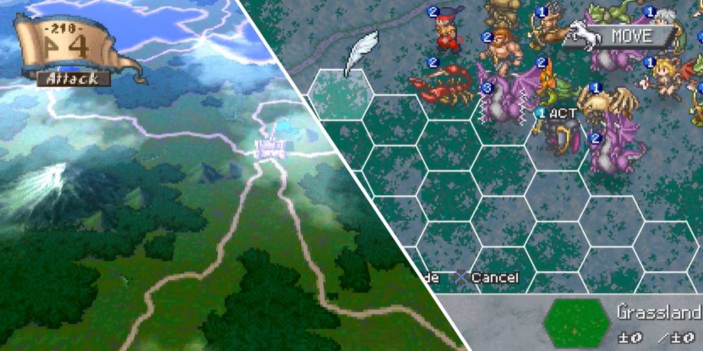Brigandine Grand Edition split image showing the world map and the unique octagonal grid-based battle system
