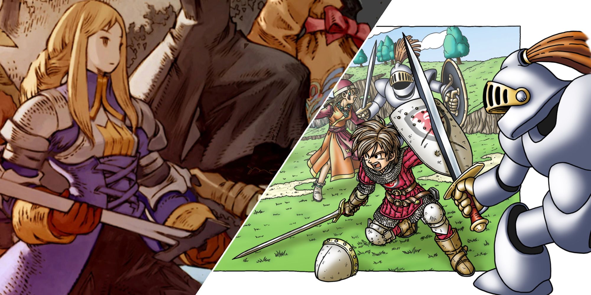 Split image showing art for Final Fantasy Tactics (with Agrias hold her sword) and Dragon Quest 9 (the hero defending a sword strike)