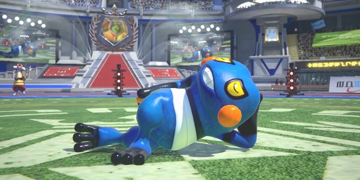 Croagunk laying on its side and leaning on its hand