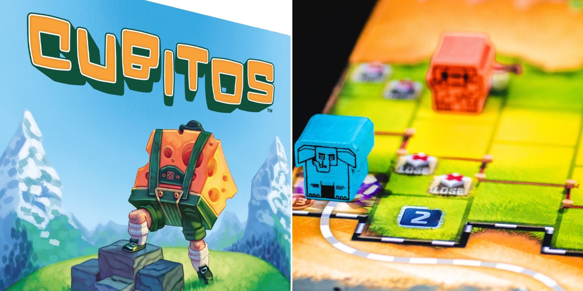 Cubitos - Board Game Box - An Elephant and a Monkey racing on the board