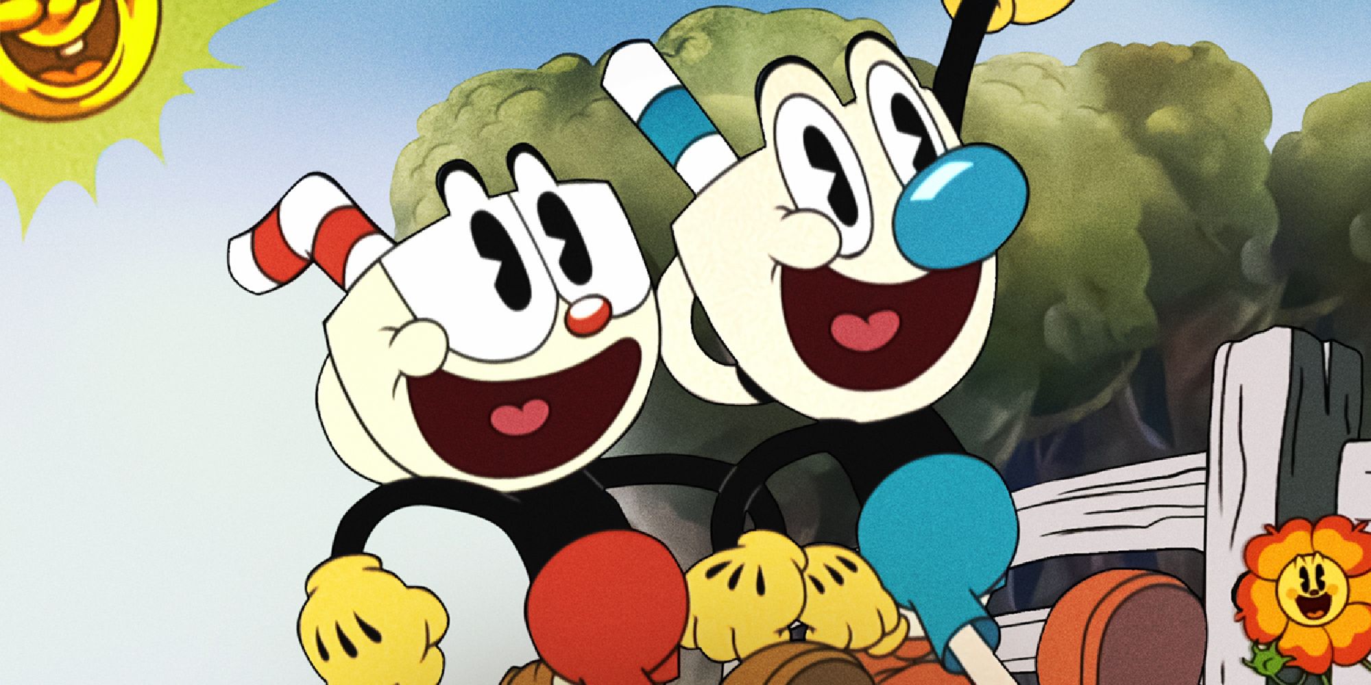 Cuphead and Mugman walk happily down the street