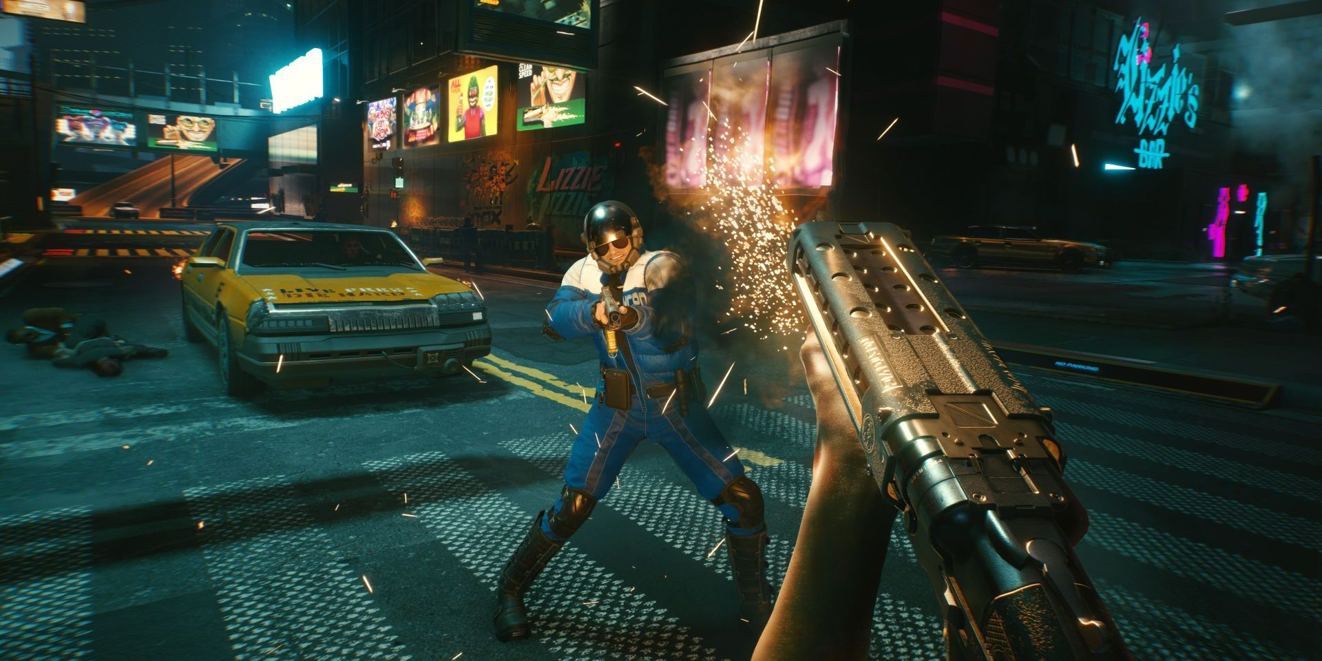 A player being aggressive in a gunfight in Cyberpunk 2077