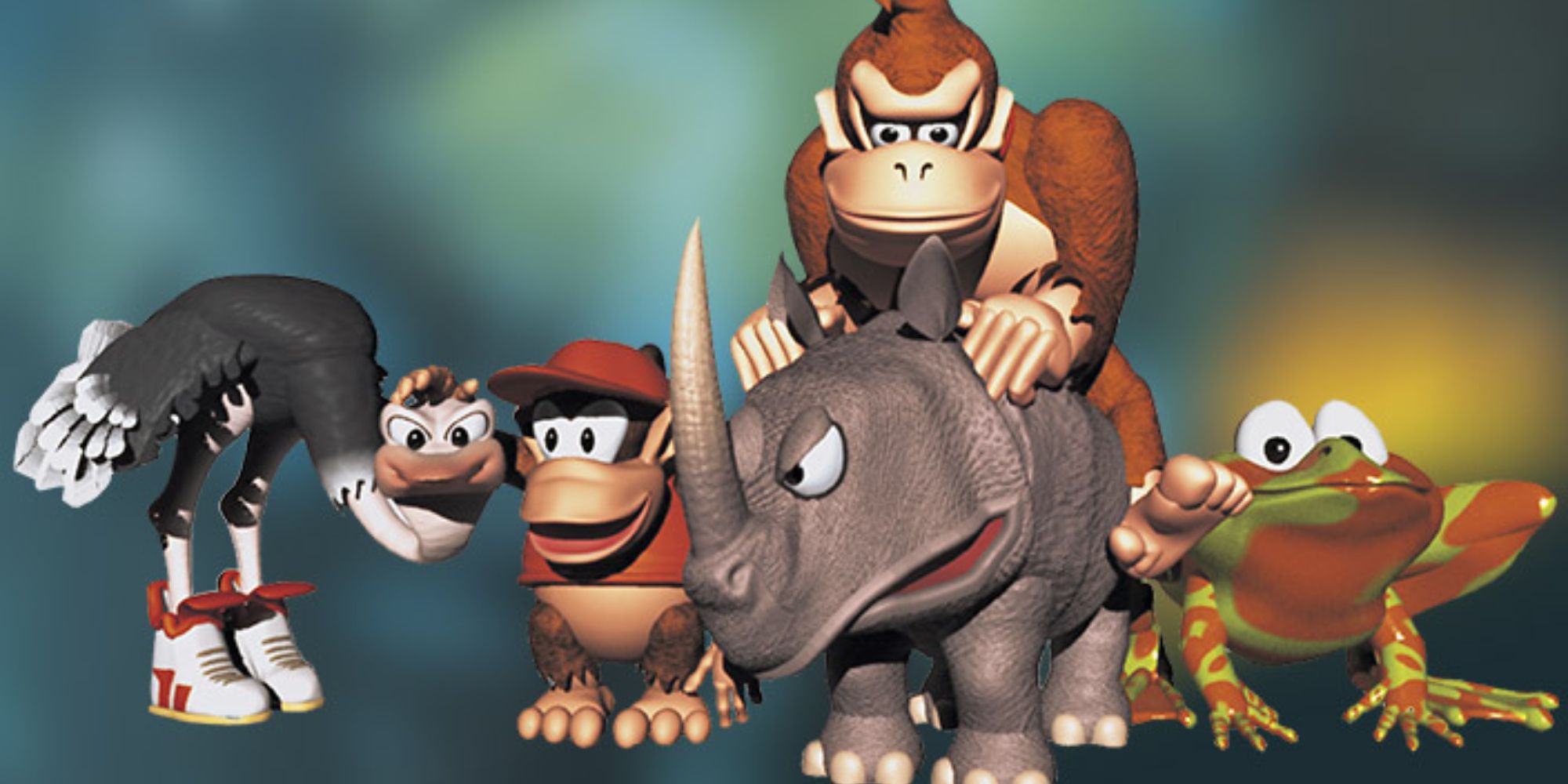 Diddy and Donkey Kong with Expresso, Winky, and Rambi.
