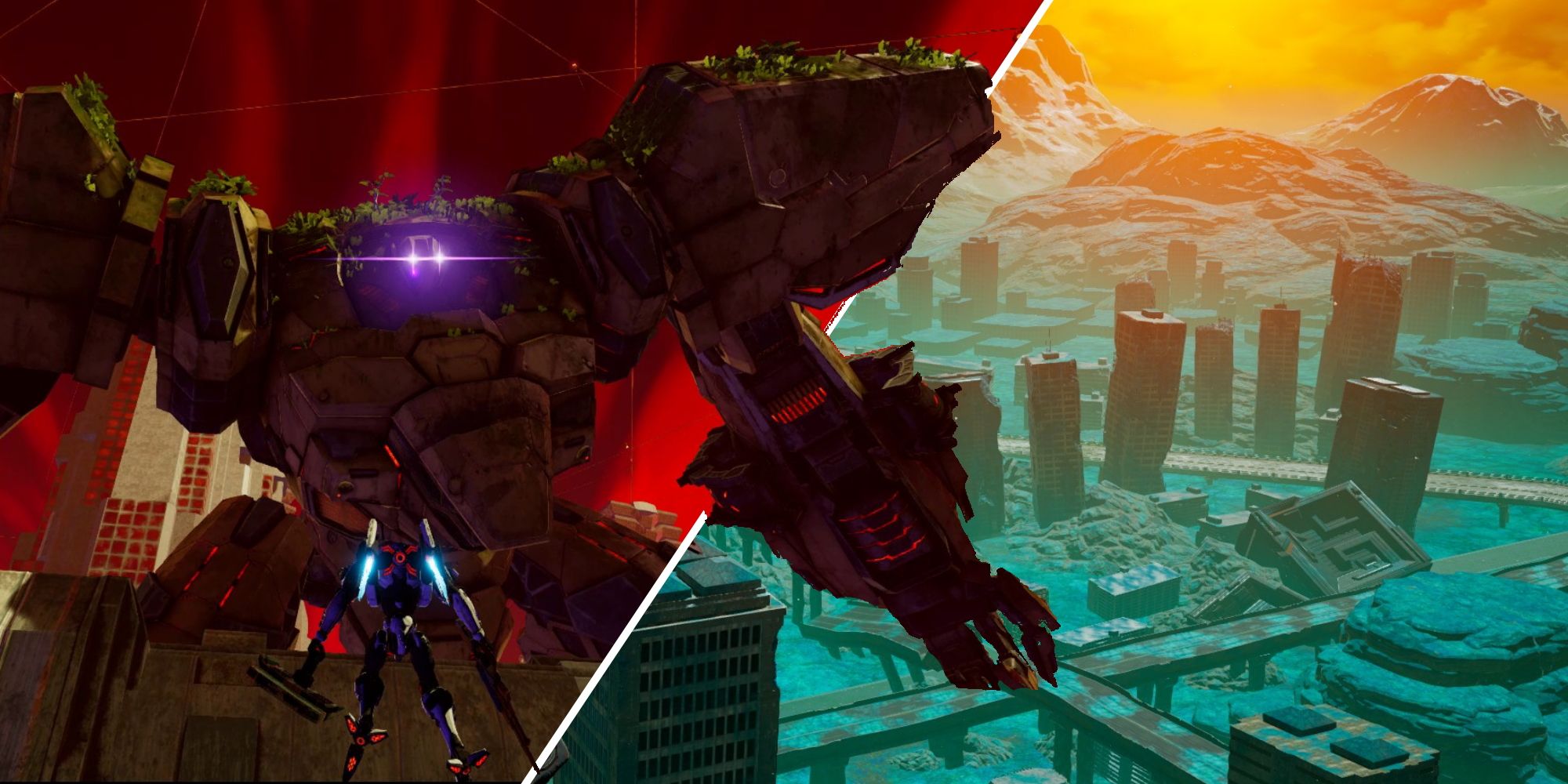 Daemon X Machina Featured Image (showing a Arsenal facing off against an Immortal, with a split image showing another location for color contrast)