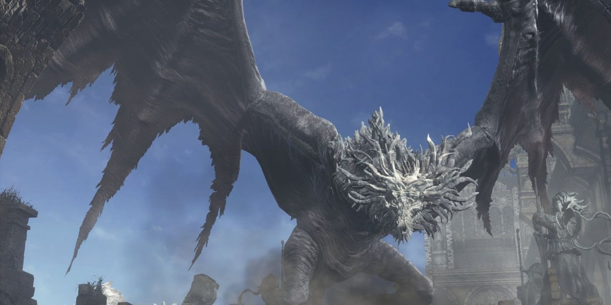 Screenshot of the Ancient Wyvern from Dark Souls 3 spreading its wings