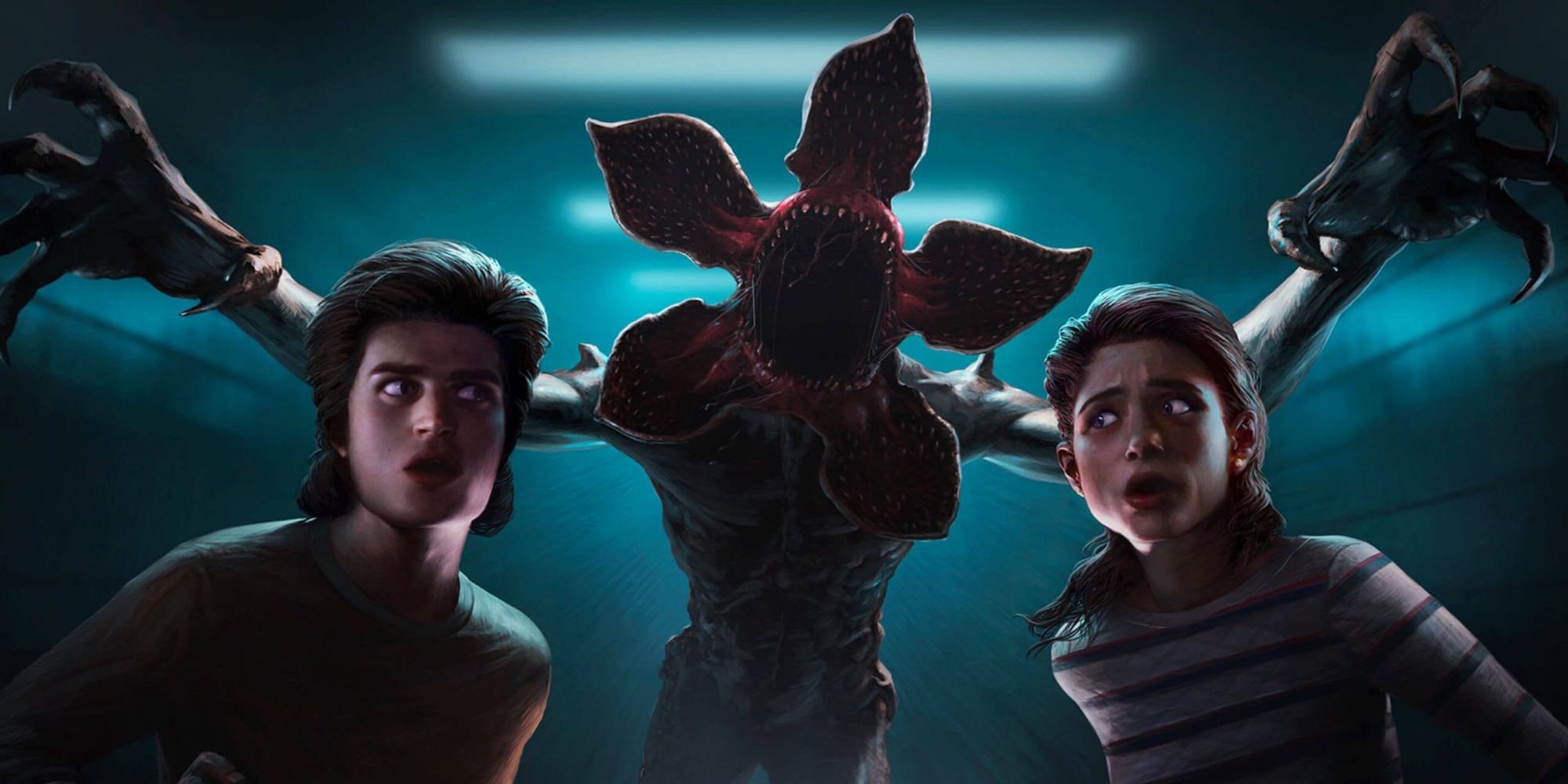 Dead by Daylight Stranger Things' Steve and Nancy terrified and shocked by a Demogorgon reaching its arms out at them.