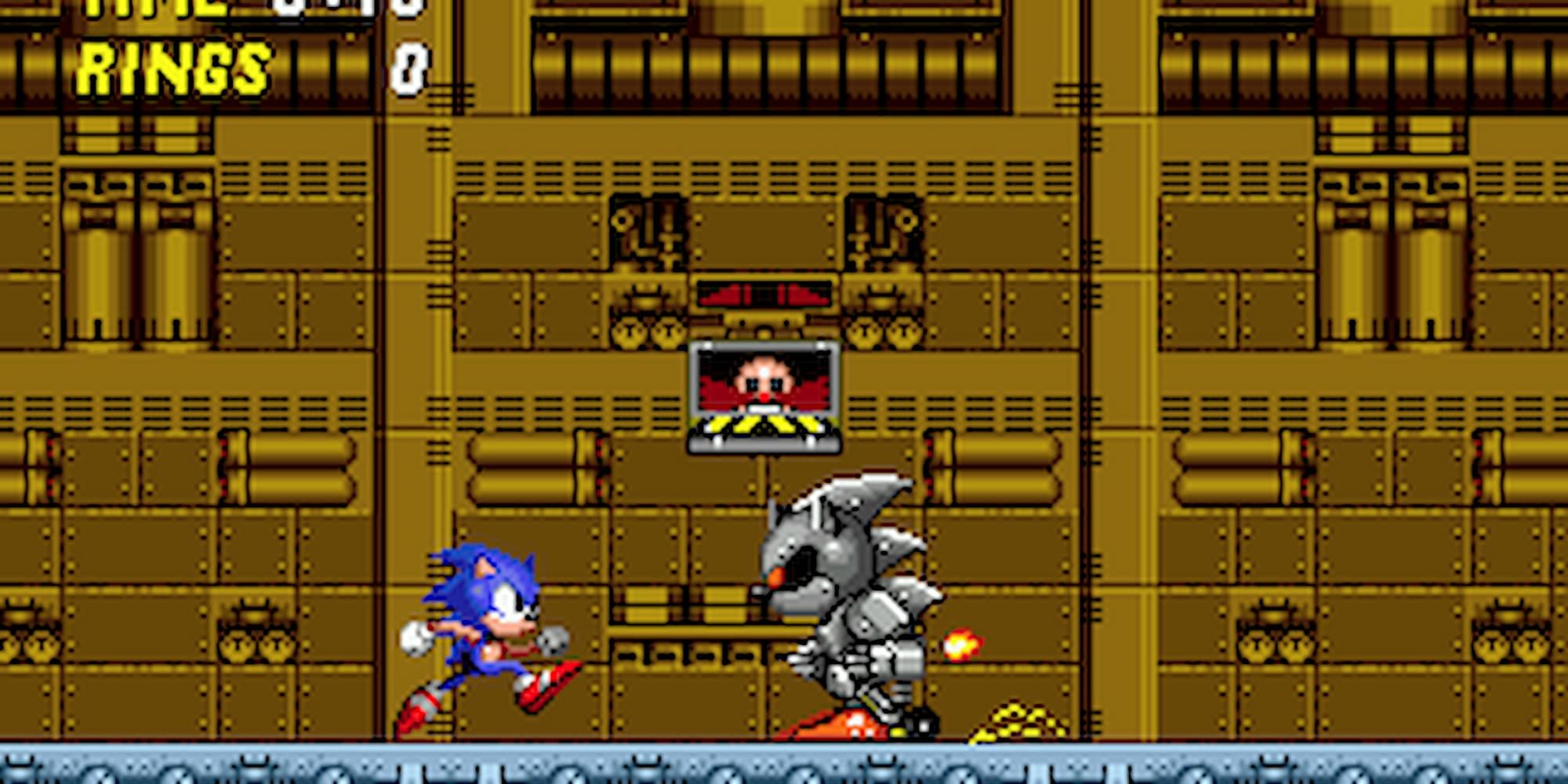 Sonic fighting Silver Sonic whilst Dr. Eggman watches