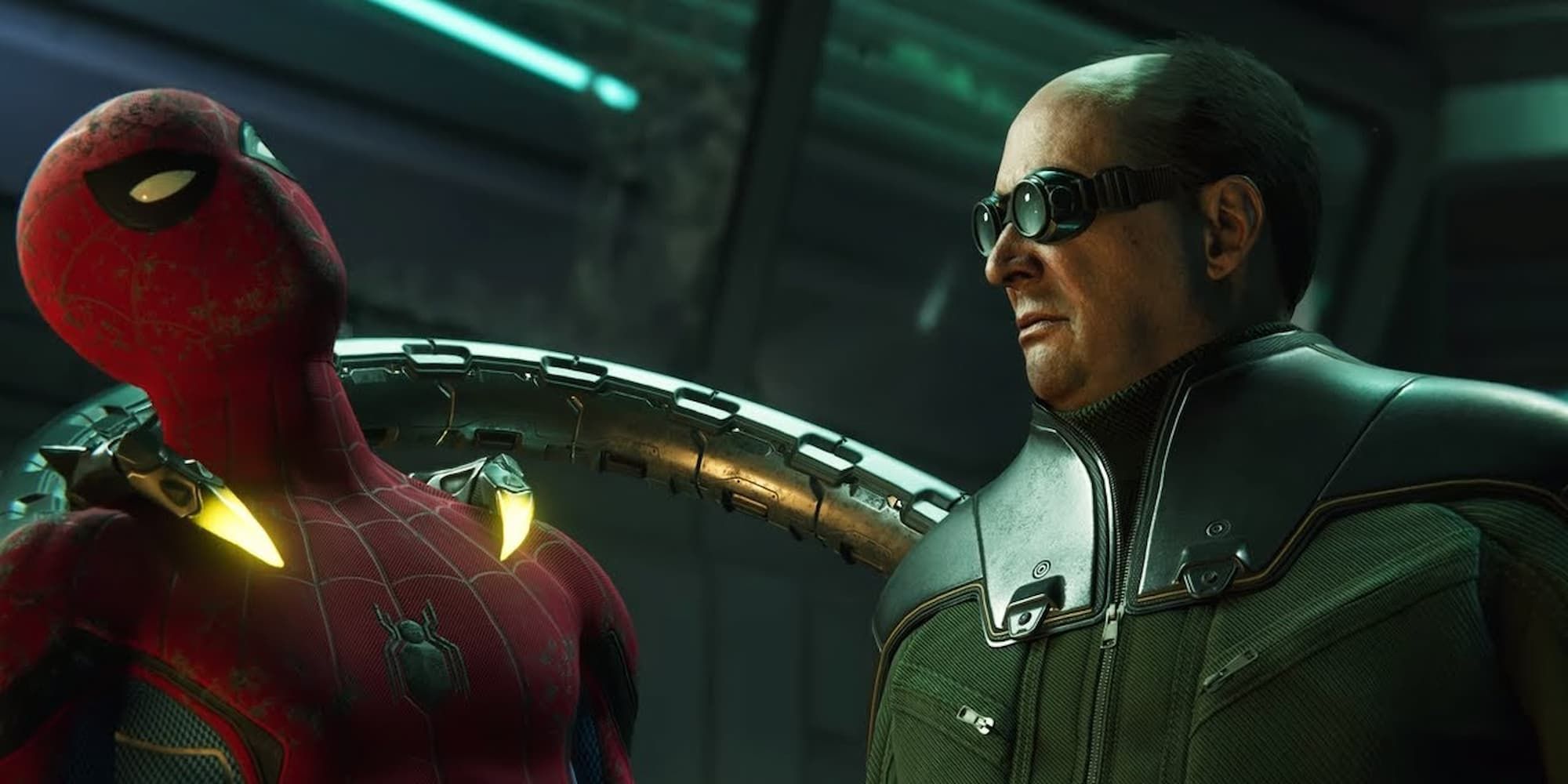 Doc-Ock holds Spider-Man by the neck whilst looking at him