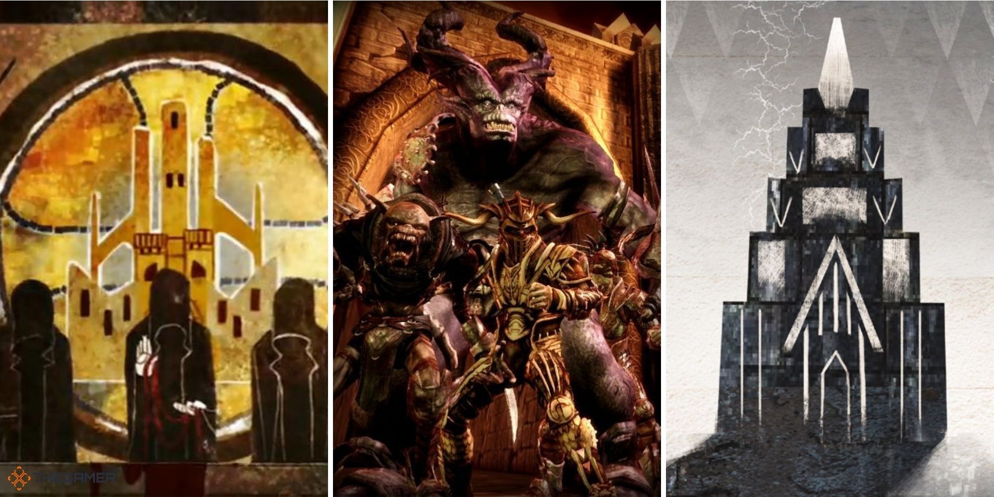 Dragon Age - Darkspawn in centre, art of the Magisterium on left, Art of the Golden City and the Magisters on left