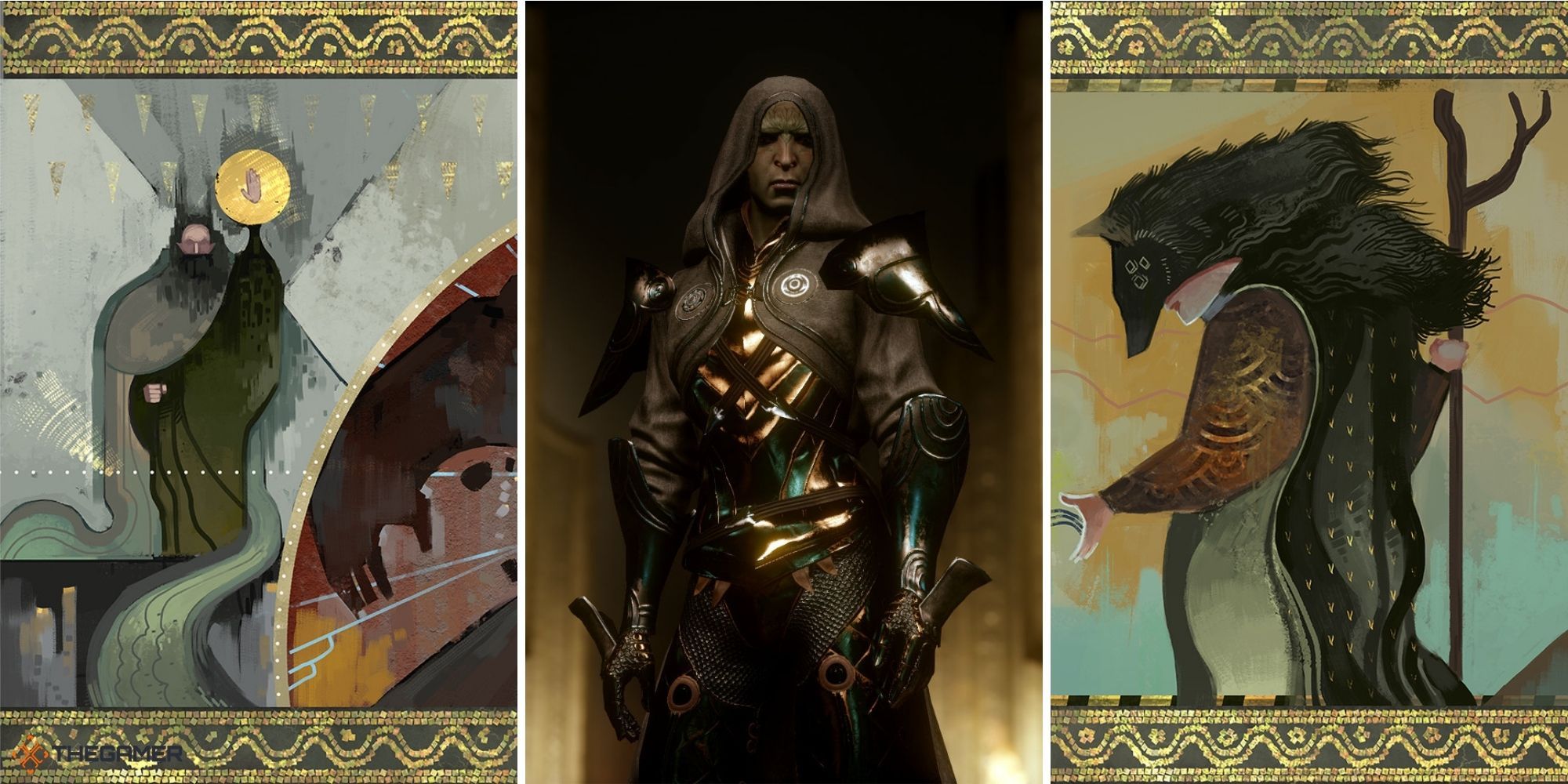 Dragon Age Inquisition - elven murals on left and right, Abelas in centre