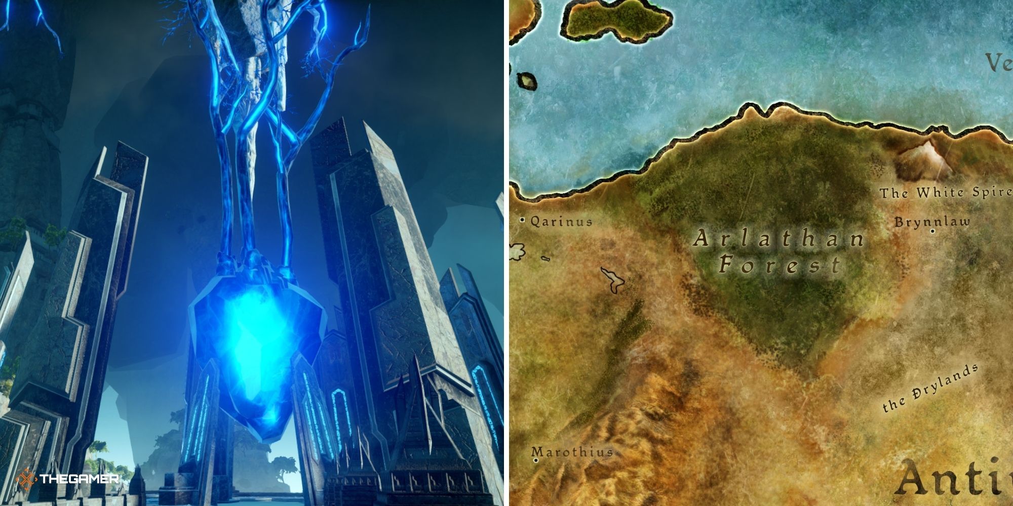 Dragon Age Inquisition The Descent, the heart of a titan on left, and Arlathan Forest on the world map on right