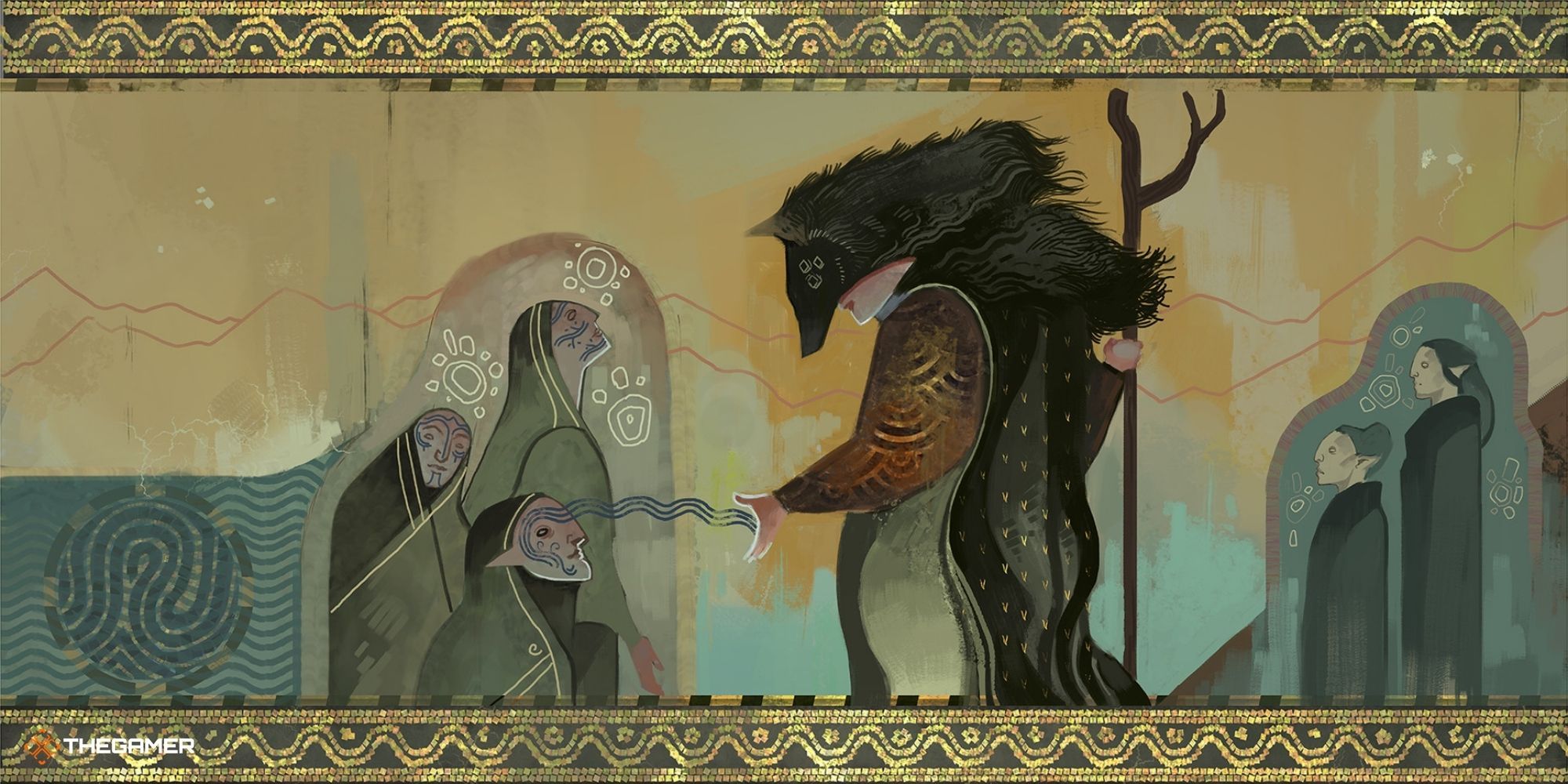 Dragon Age Inquisition Trespasser - Mural depicting Solas removing the vallaslin of slaves