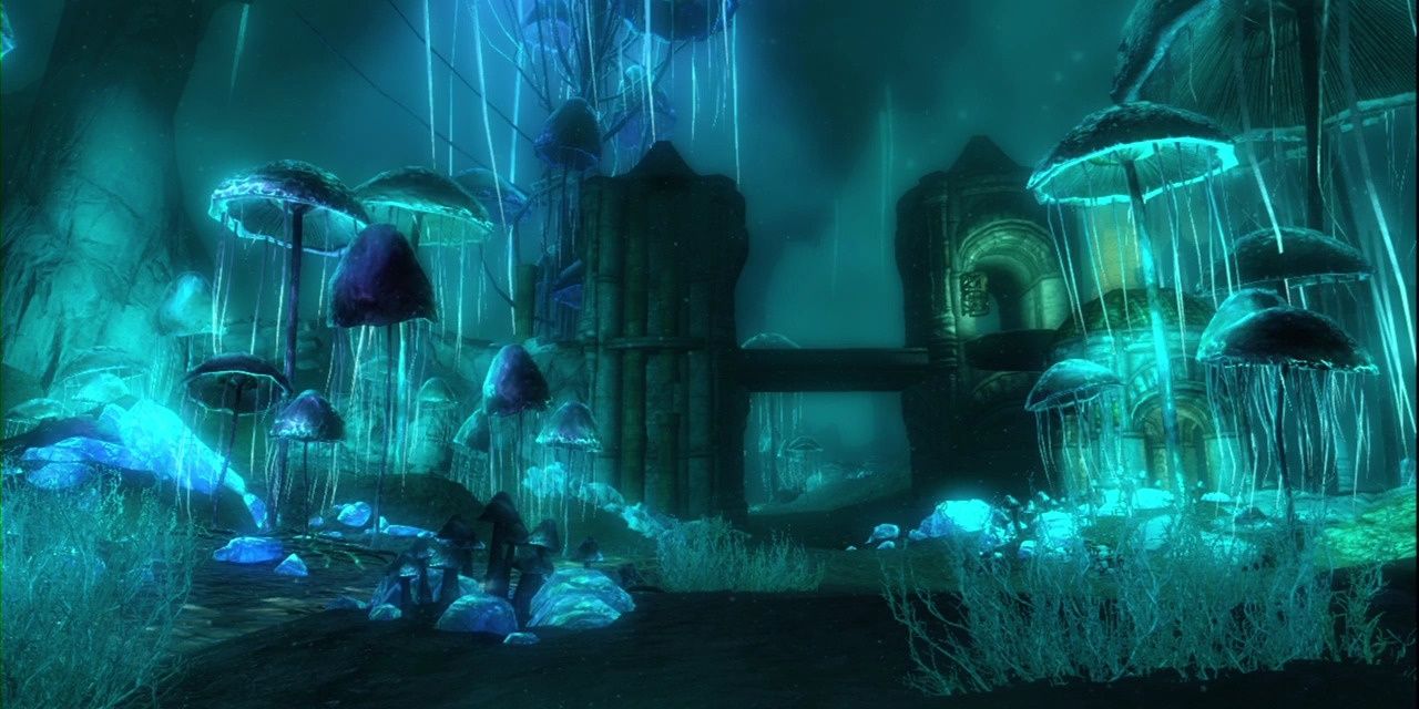 Glowing mushrooms in Blackreach in Skyrim.