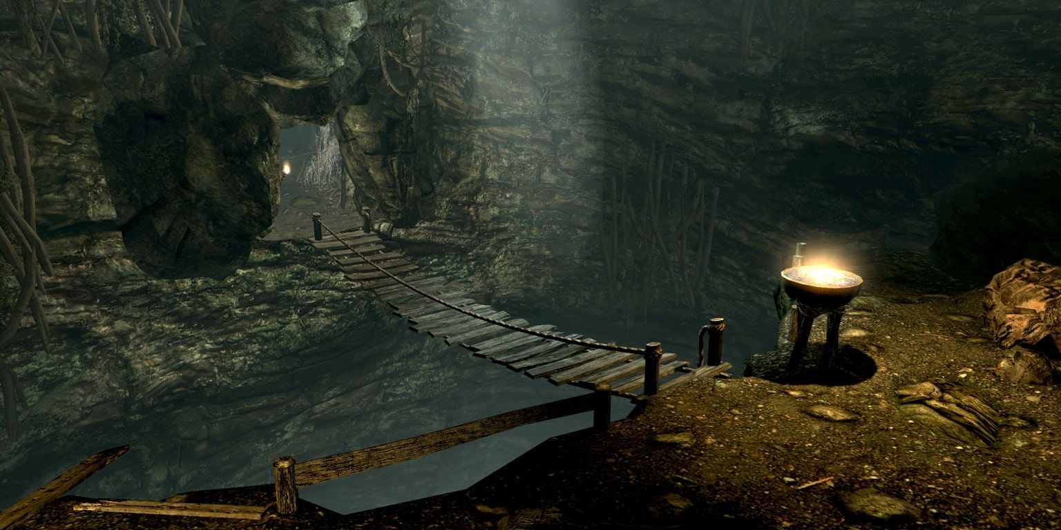 The bridge in Darkfall Cave in Skyrim.