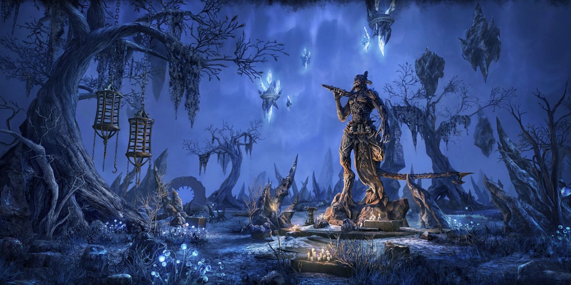 ESO Molag Bal statue in Coldharbour, a blue cavernous region with dead trees and a pale sky