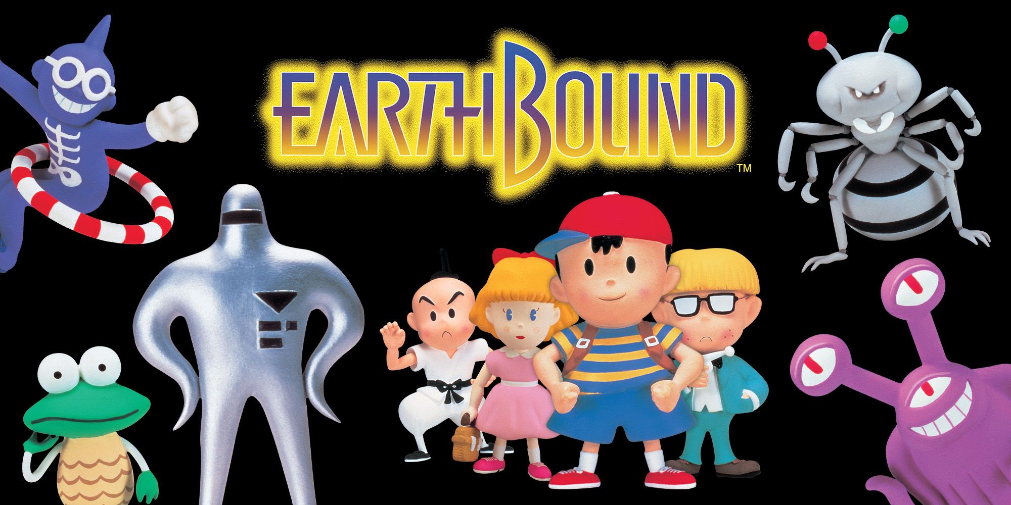 Earthbound Cover Art featuring Ness, Jeff Andonuts, Paula Polestar, and Poo