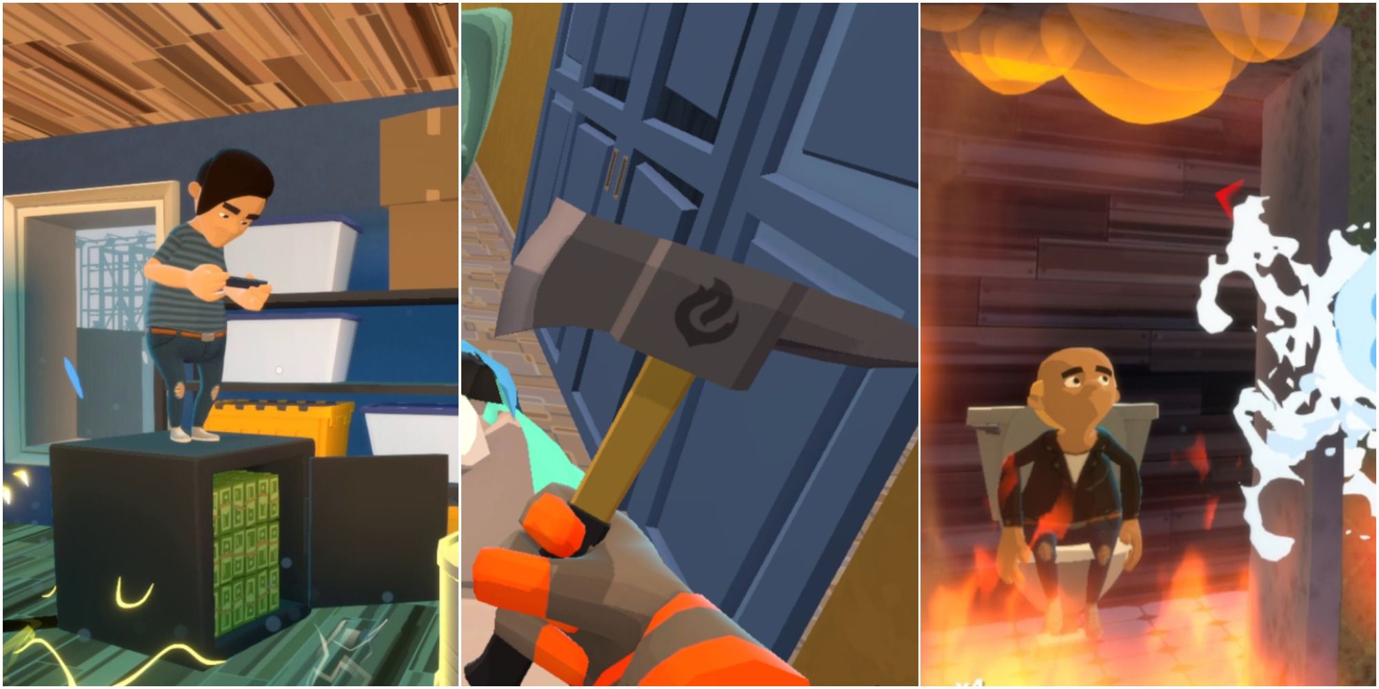 Embr on the left an NPC stood on top of a safe full of money, in the middle a gloved hand wielding an axe and on the right a man sat on a toilet surrounded by fire