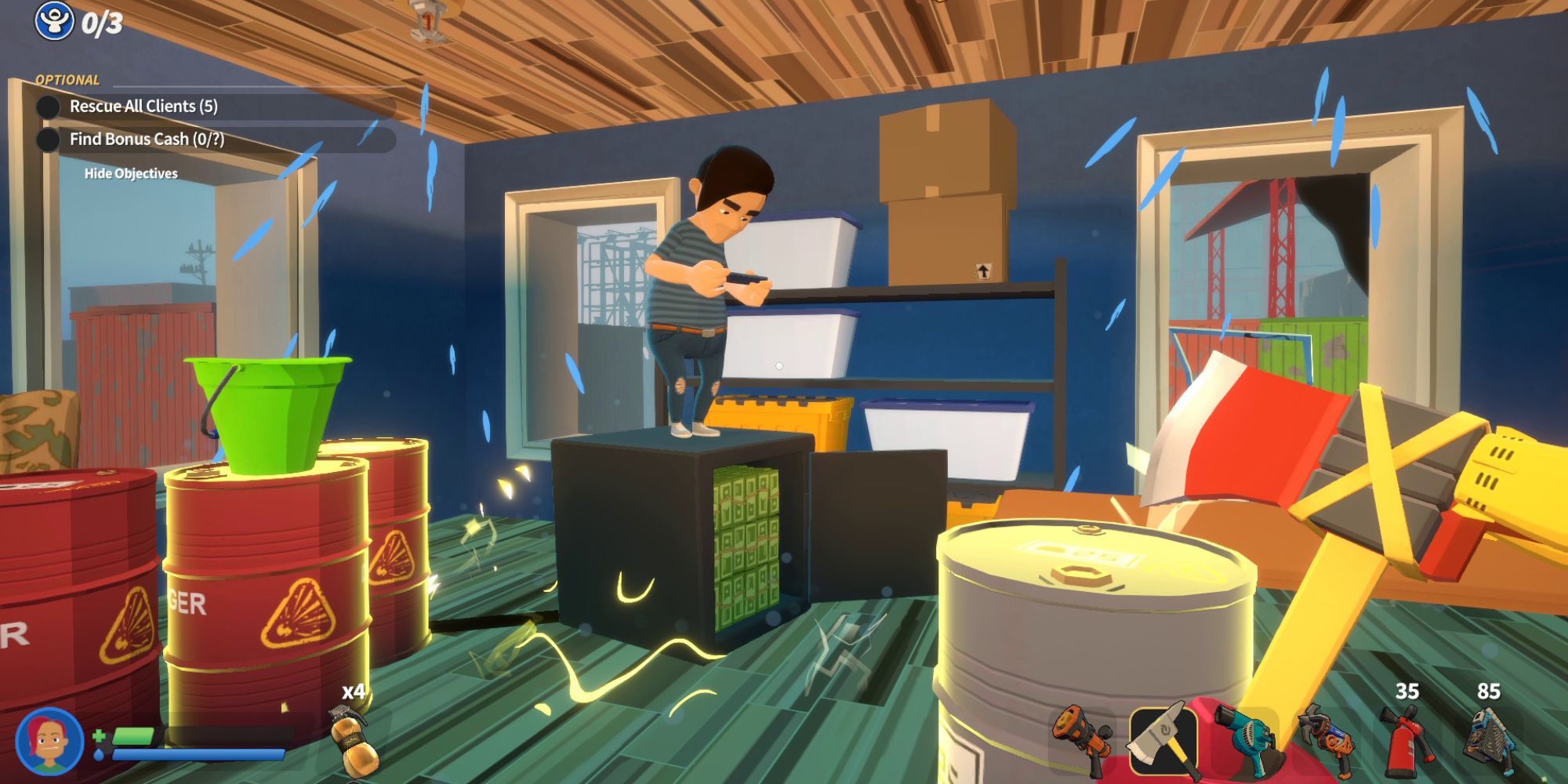 Embr a first-person perspective shot of a hand wielding an axe looking out at a man stood on top of a safe full of money surrounded by barrels and an electrified floor