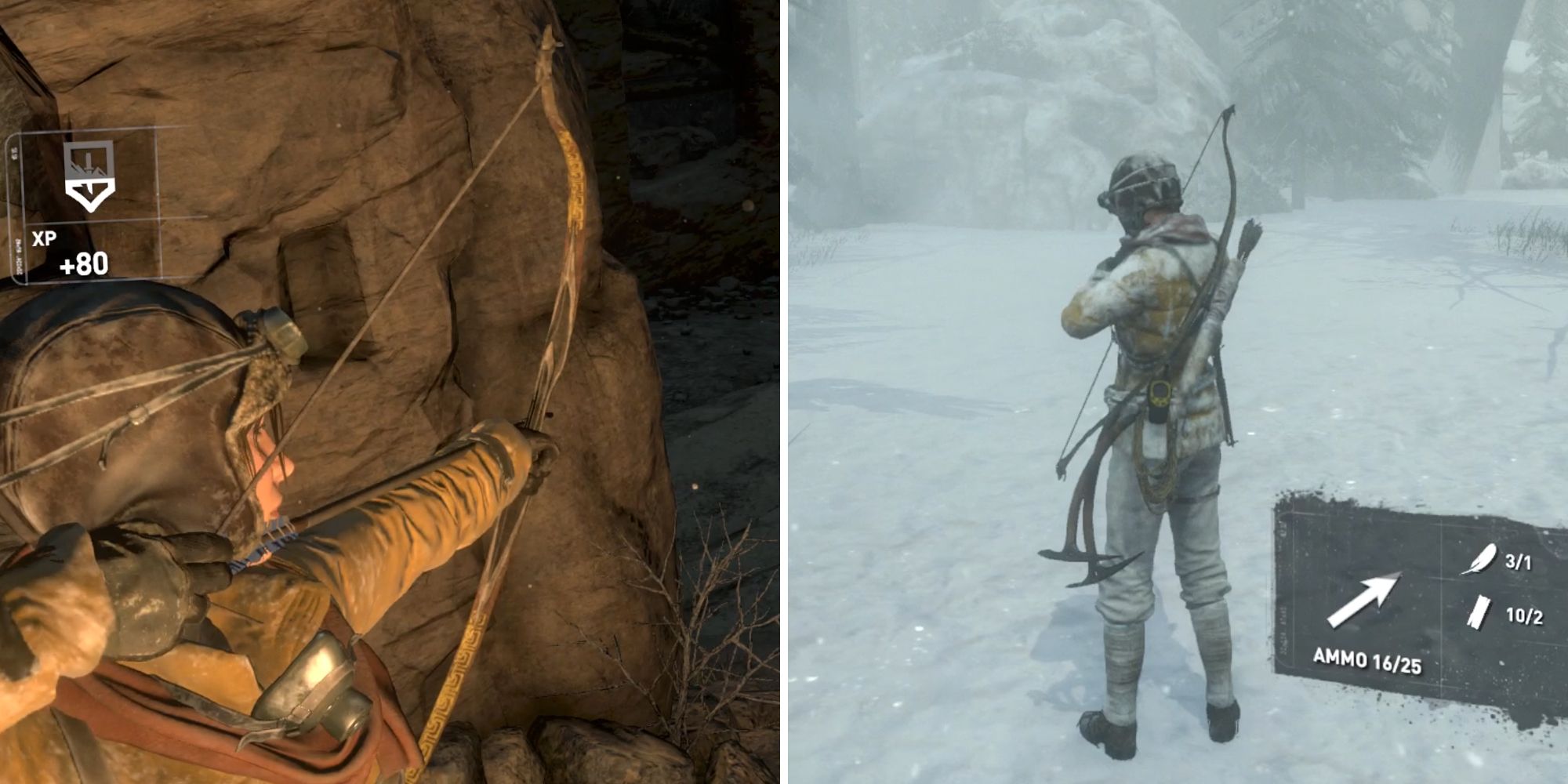 rise of the tomb raider split image. left is lara aiming with bow, right lara is making arrows