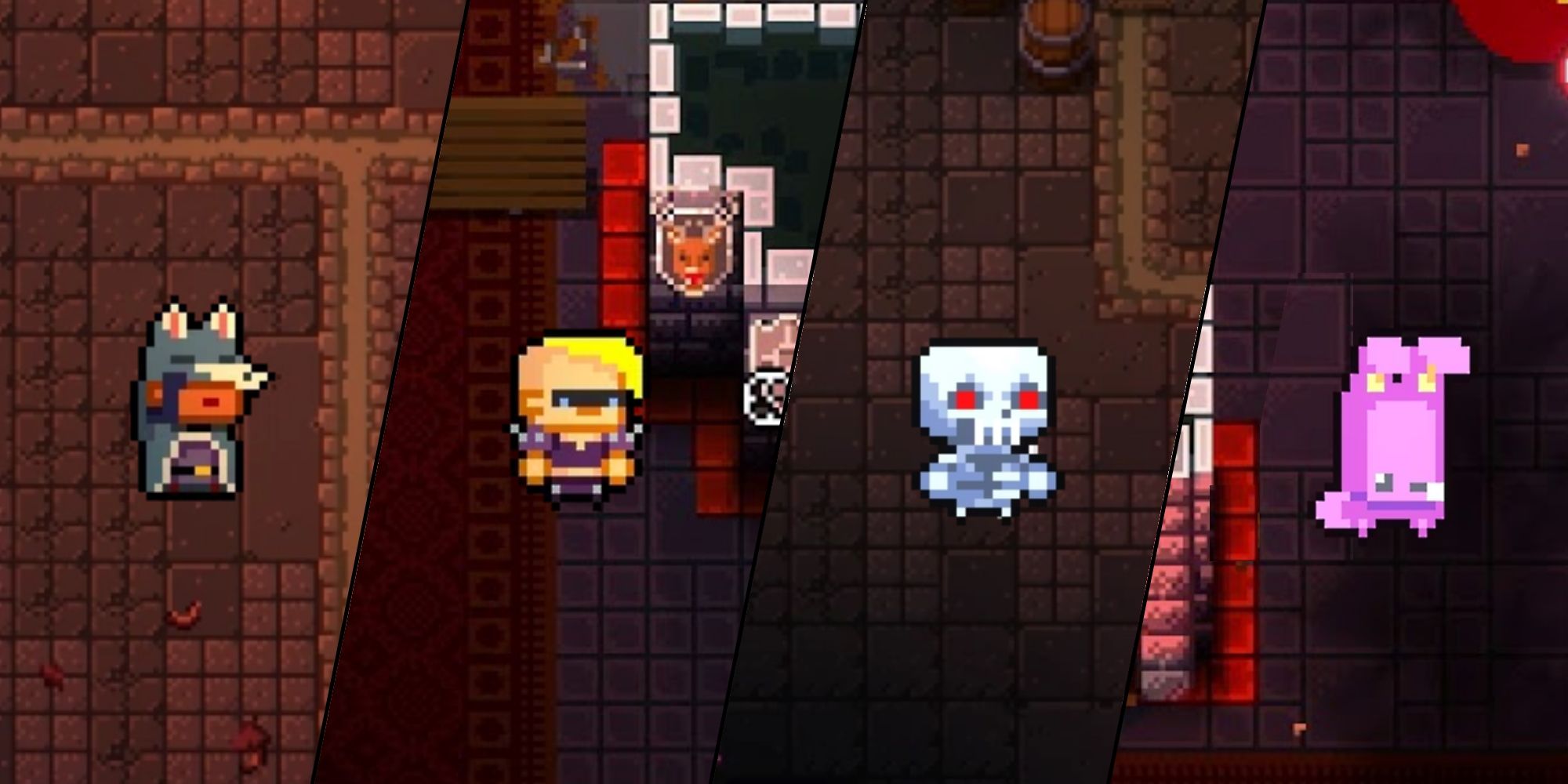 Enter The Gungeon Every Playable Skin Featured Image (with the Termbot, Jailbird, Beastmaster, and Bunny skin shown)