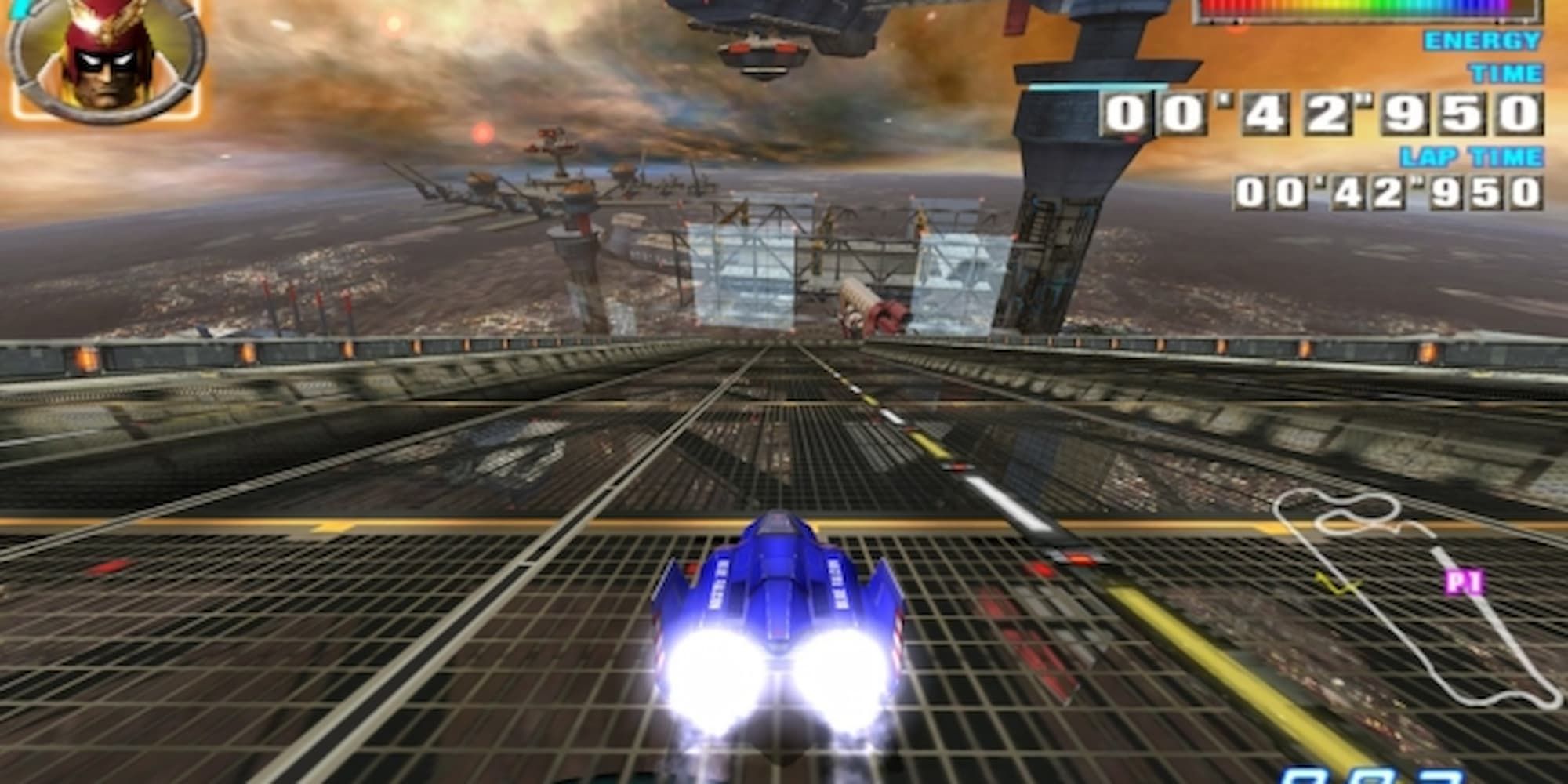 Screenshot of the Blue Falcon in Port Town in F-Zero GX