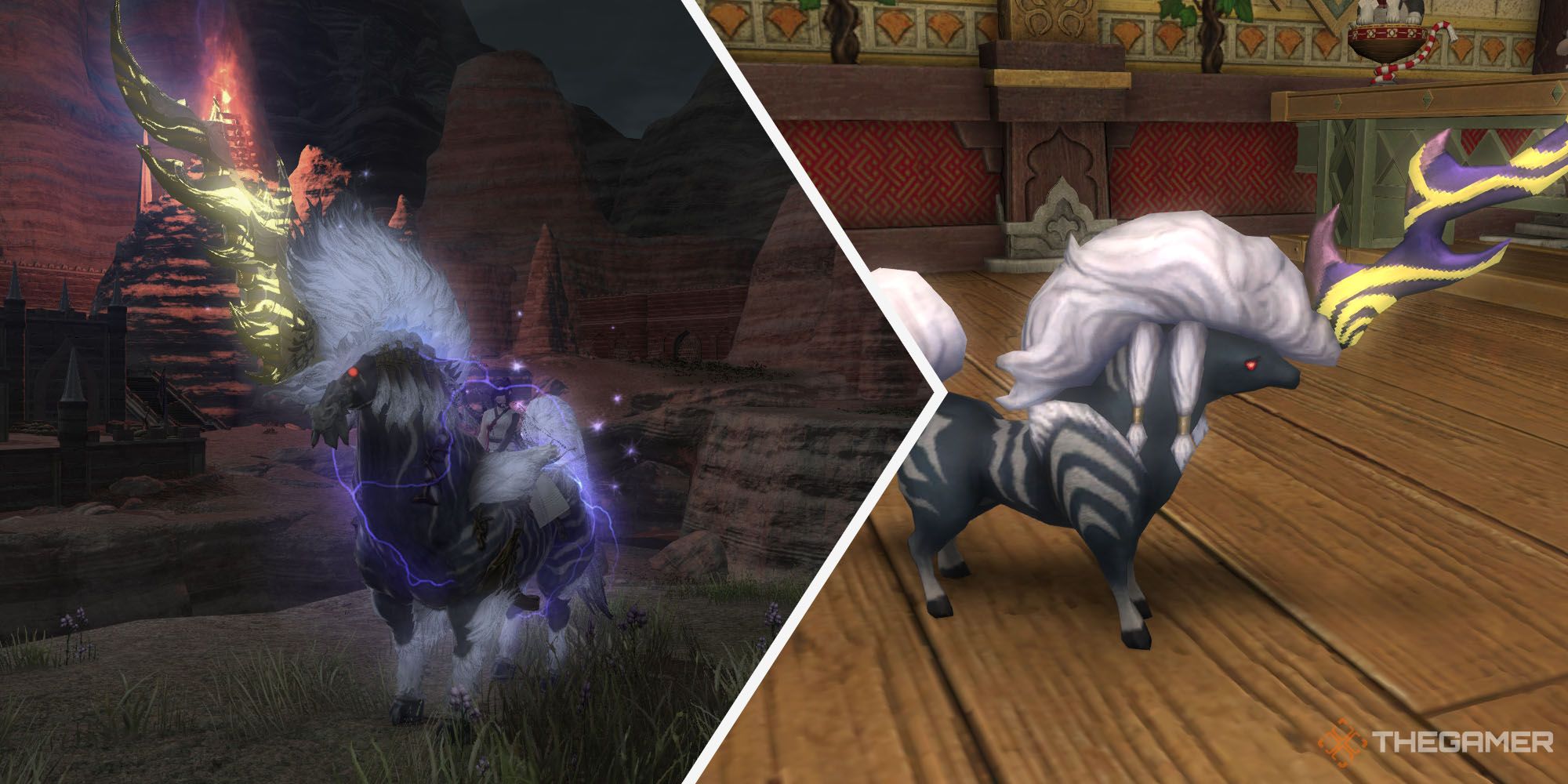 A split image of the Ixion mount and minion in Final Fantasy 14.