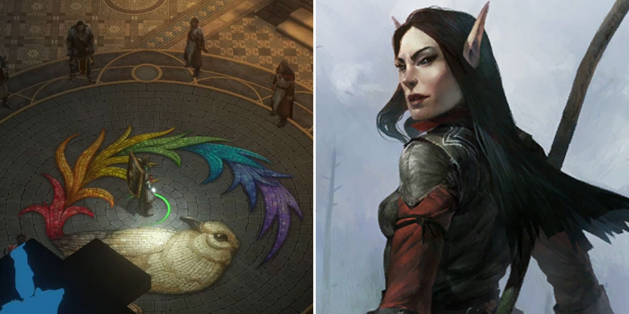 pathfinder: kingmaker split image. screenshot of game on left, character portrait on right.