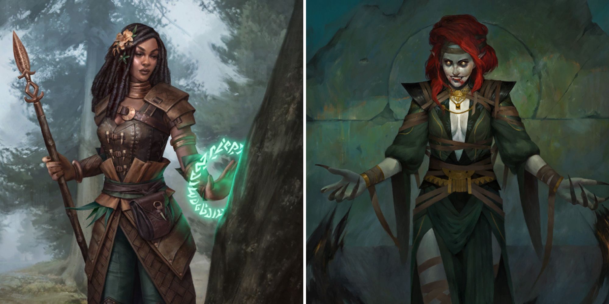 pathfinder: kingmaker split image. both photos are character portraits.