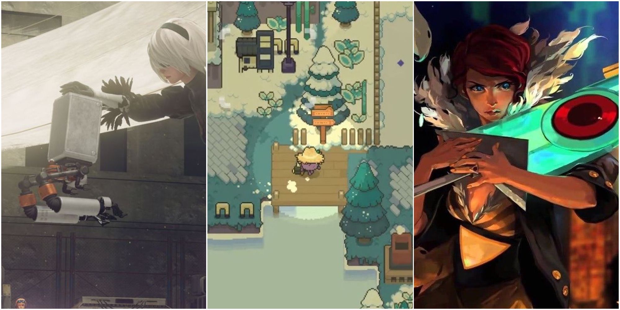Split image of Nier: Automata, Garden Story and Transistor. 2B petting companion pod, Concord in Winter Glade, Red holding transistor sword