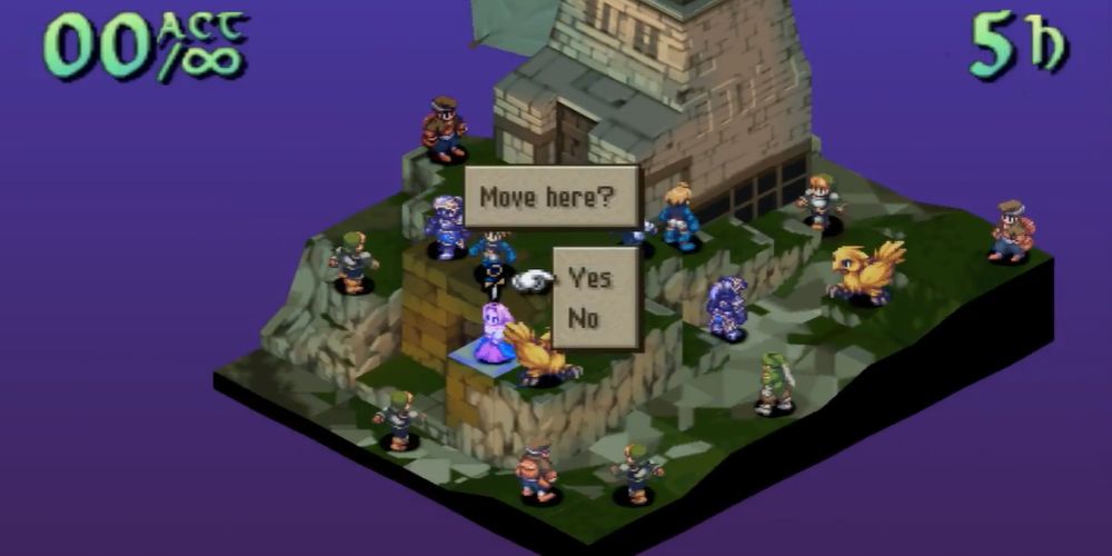 A screenshot of Final Fantasy Tactics, showing a character choosing to move to a space during a rendezvous mission