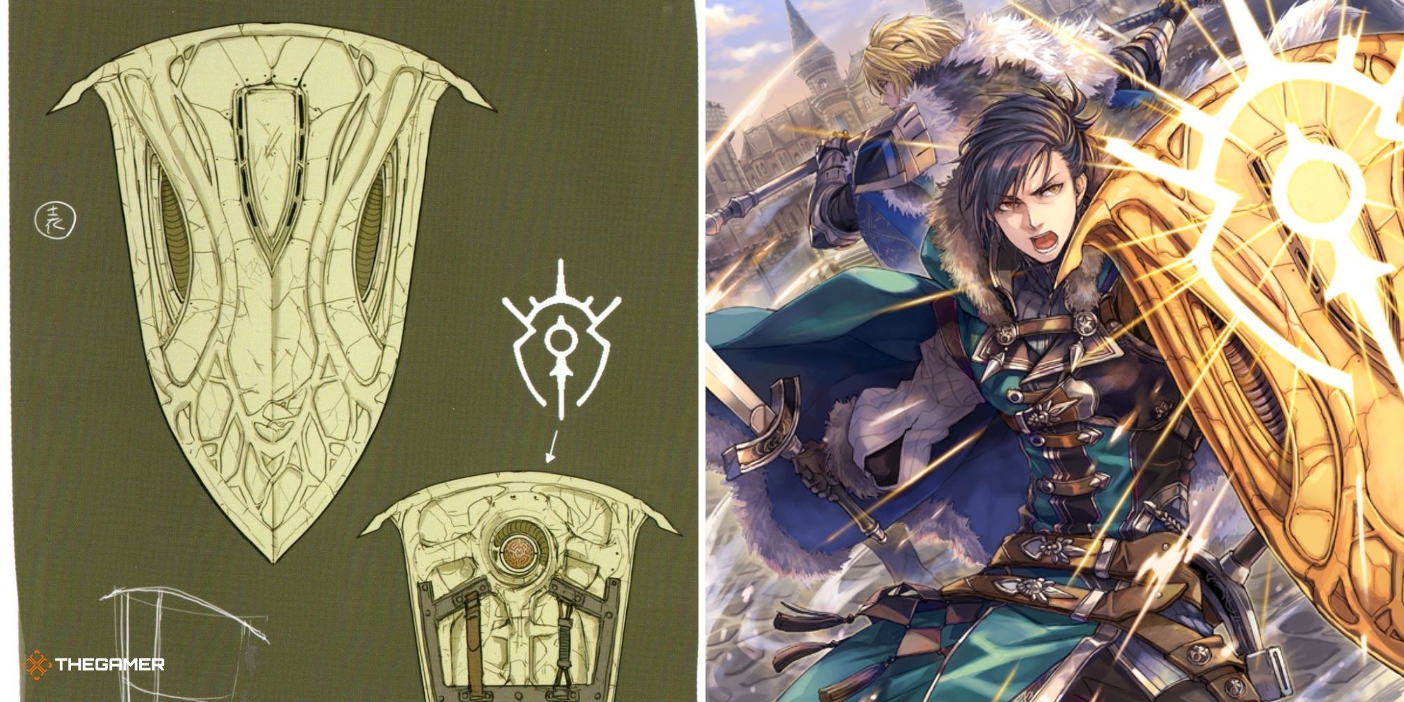Fire Emblem Three Houses - Aegis Shield concept art on left, Felix with the relic in official art on right