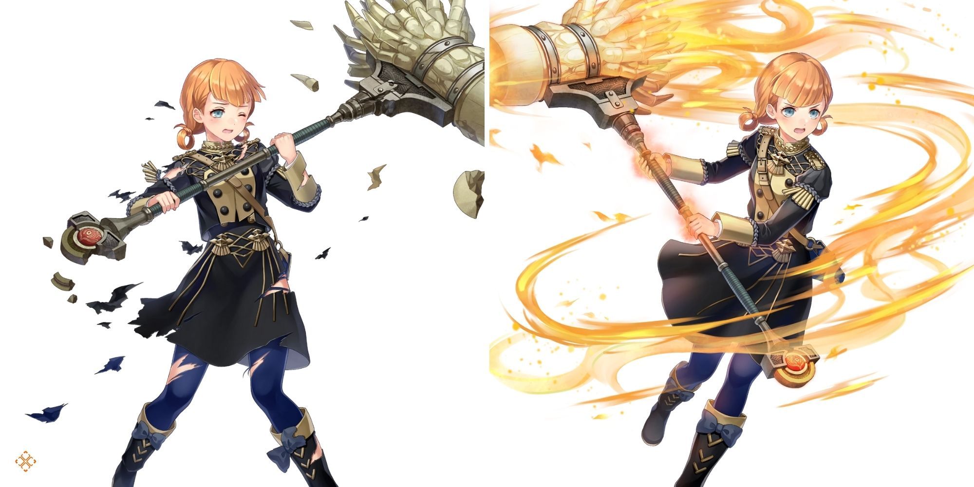 Fire Emblem Three Houses - Annette holding Crusher in official art on both sides