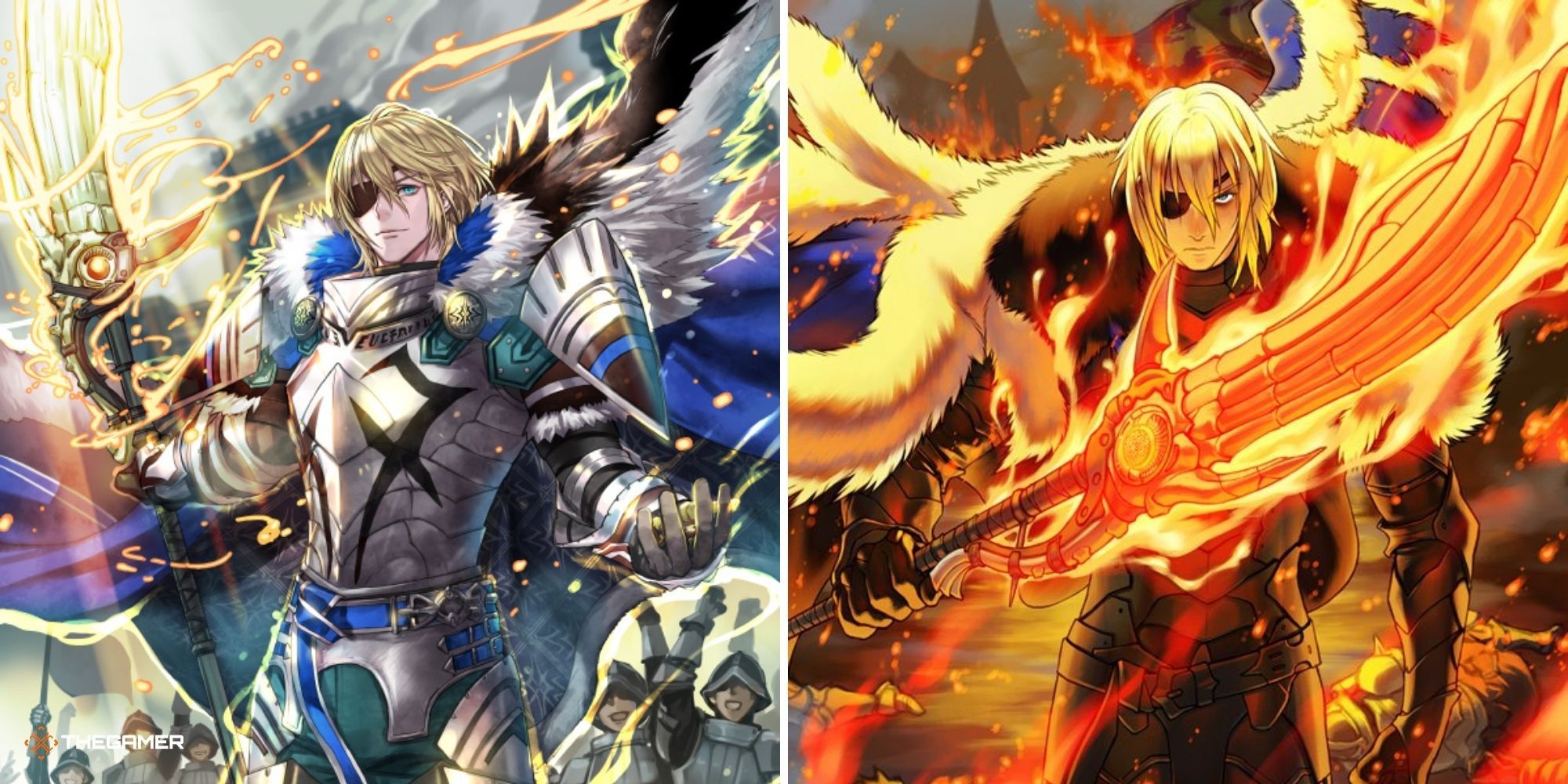 Fire Emblem Three Houses - Dimitri holding Areadbhar in official art on both sides