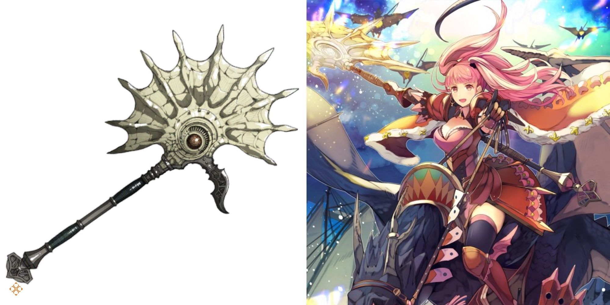 Fire Emblem Three Houses - Freikugel official in-game art on left, Hilda holding the relic in official art on right