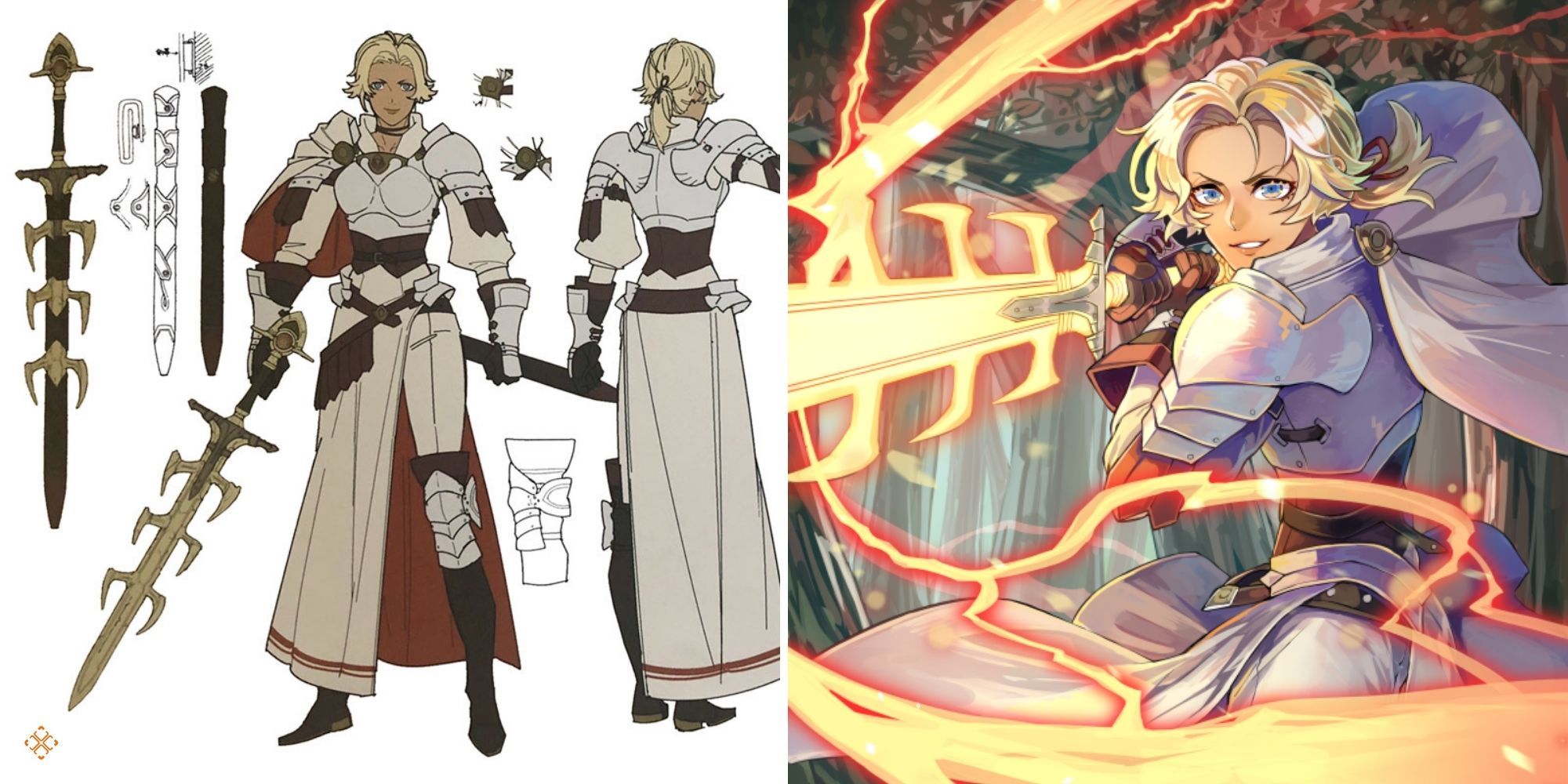 Fire Emblem Three Houses - Thunderbrand and Catherine official art on left, Catherine holding the relic in official art on right