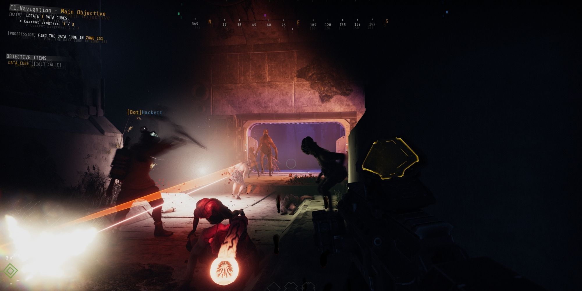 A firefight with sleepers in one of GTFO's dark corridors