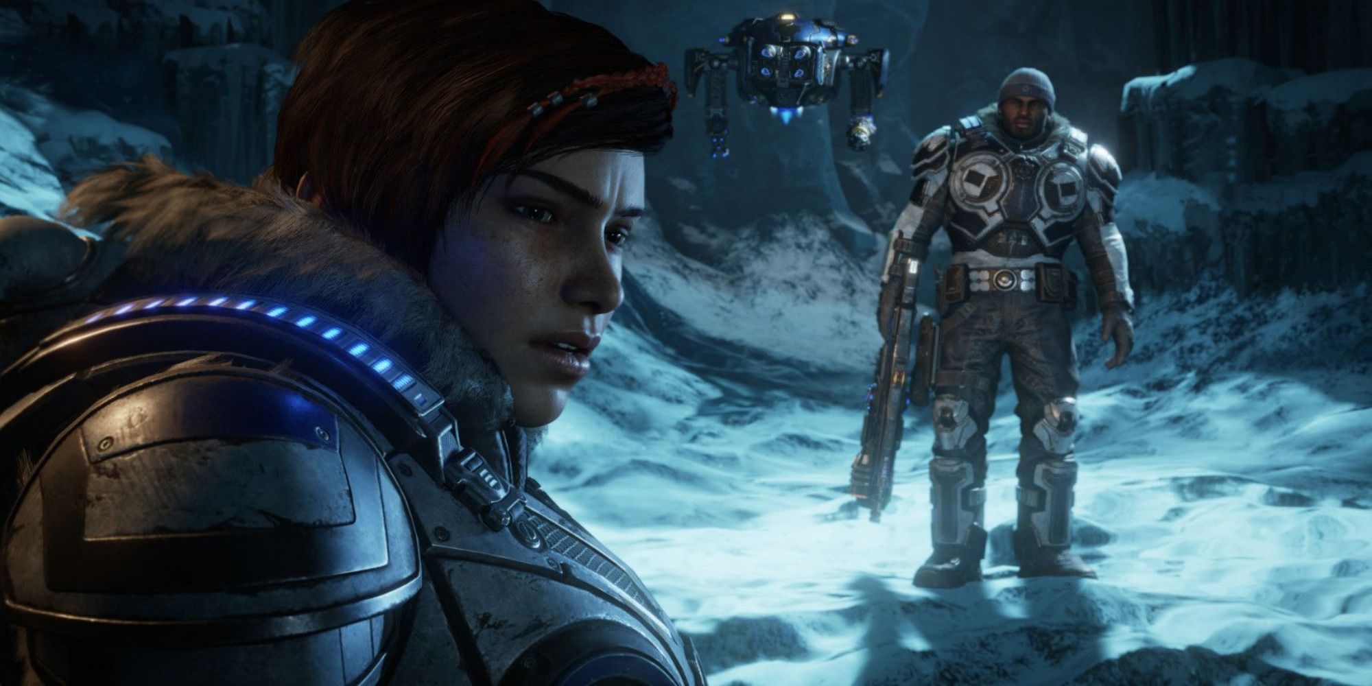 Kait Diaz in Gears 5 looking back as Del and Jack looking at her.