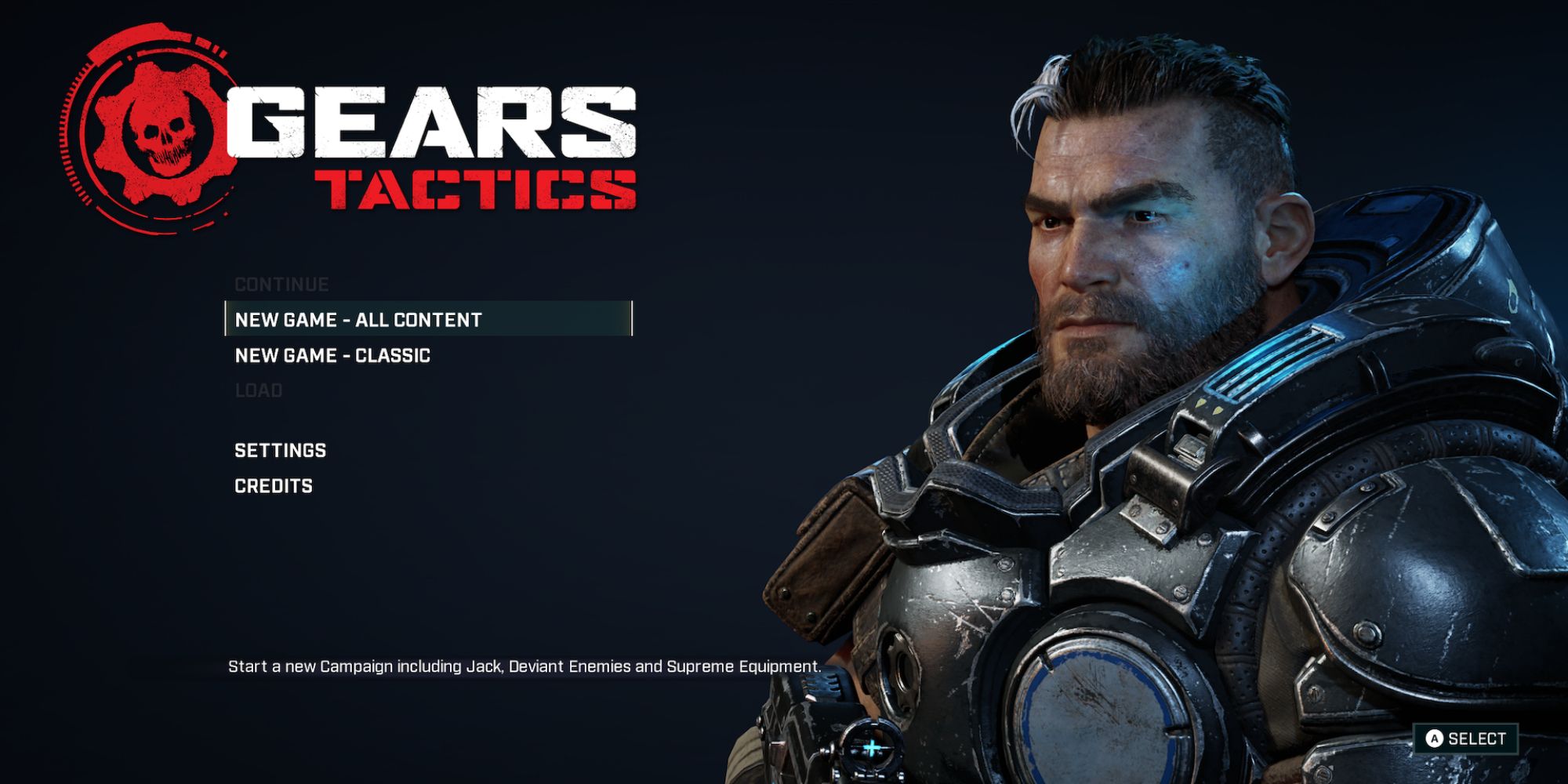 Gears Tactics the main menu for the game with Gabriel Diaz on the right taking up a large portion of the screen, with the various options on the left including two different kinds of "New Game"