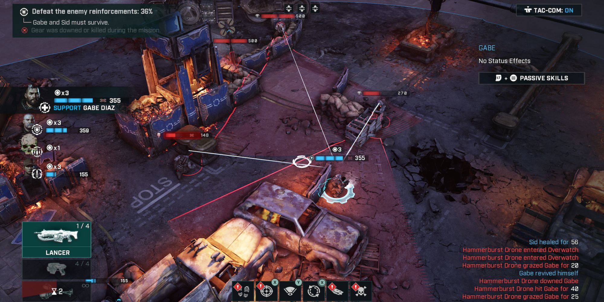 Gears Tactics an isometric view of a derelict city with Gabriel Diaz surrounded by enemy Locust covered by their various red cones of fire 