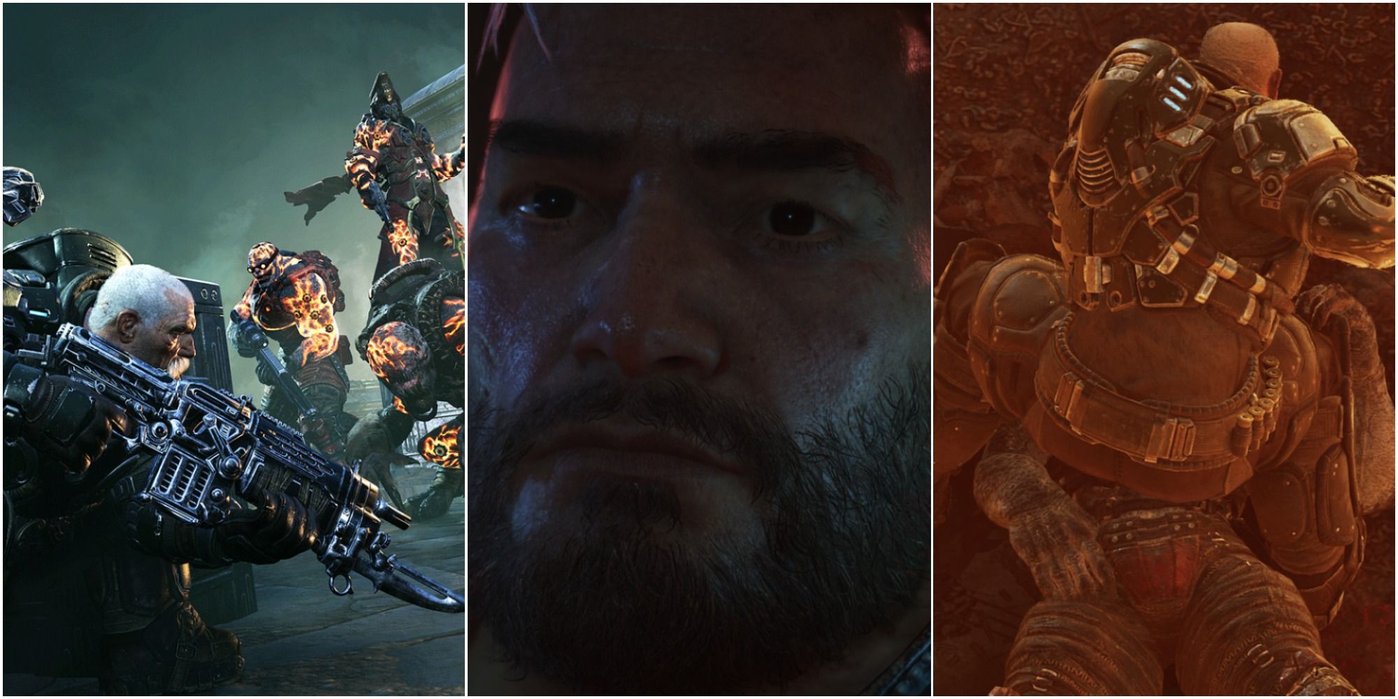 Gears Tactics on the left is Sid hiding behind covering looking at Locust, in the middle is an extremely close up of Gabriel Diaz and on the right is Sid beating up a dead Locust