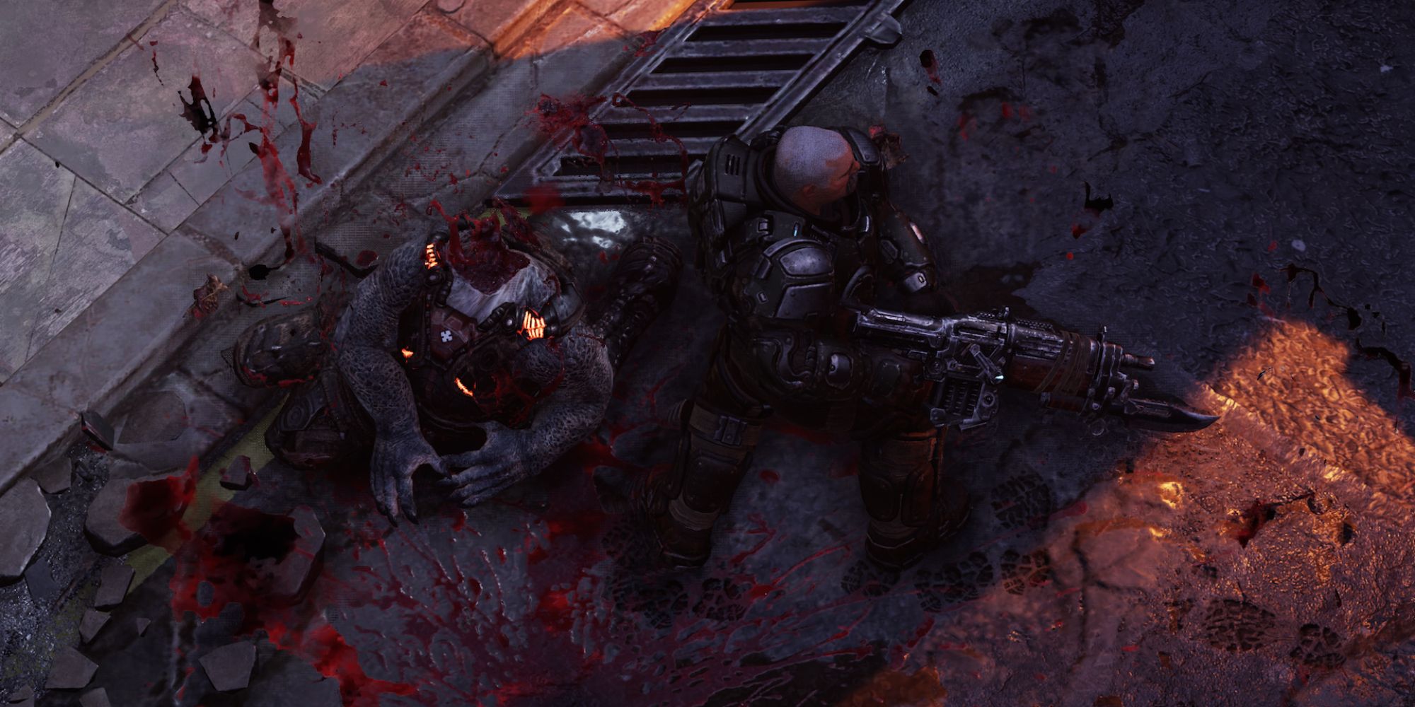 Gears Tactics a mid overhead shot of Sid slicing the head of a Locust off with lots of blood splattered about everywhere