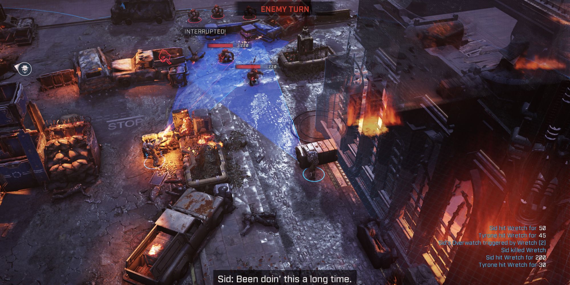 Gears Tactics an isometric viewpoint of a dilapidated city at night with two large blue cones of fire coming from Gears soldiers aiming at Locust