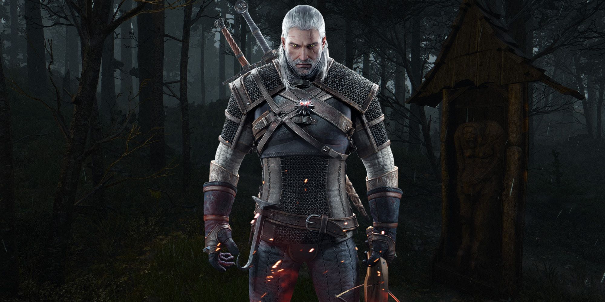 Geralt of Rivia from Witcher 3: The Wild Hunt in a DarkForest