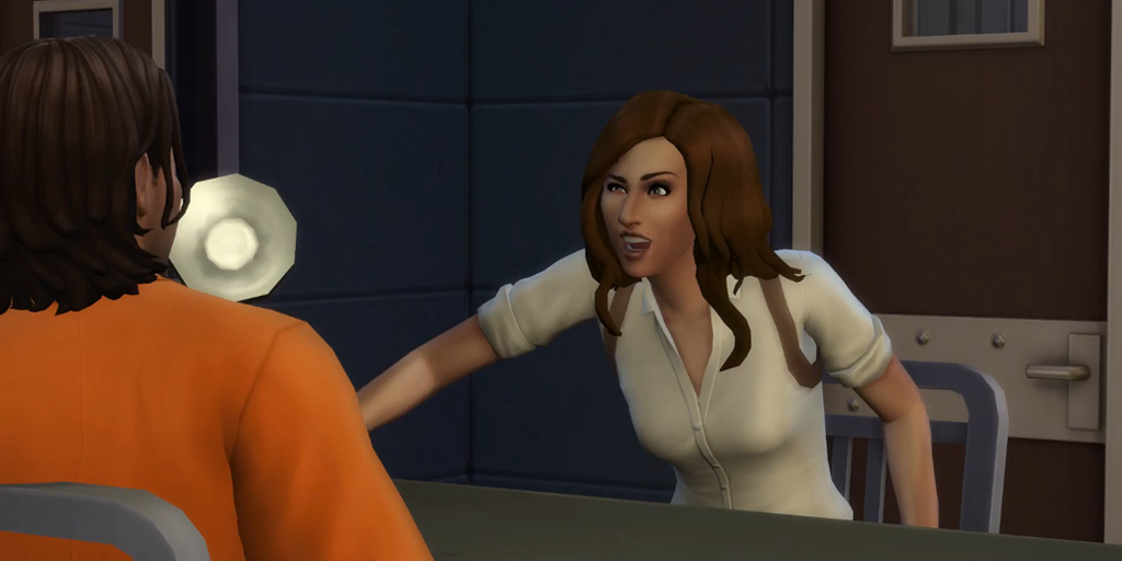 A detective interrogates a suspect in The Sims 4 Get to Work