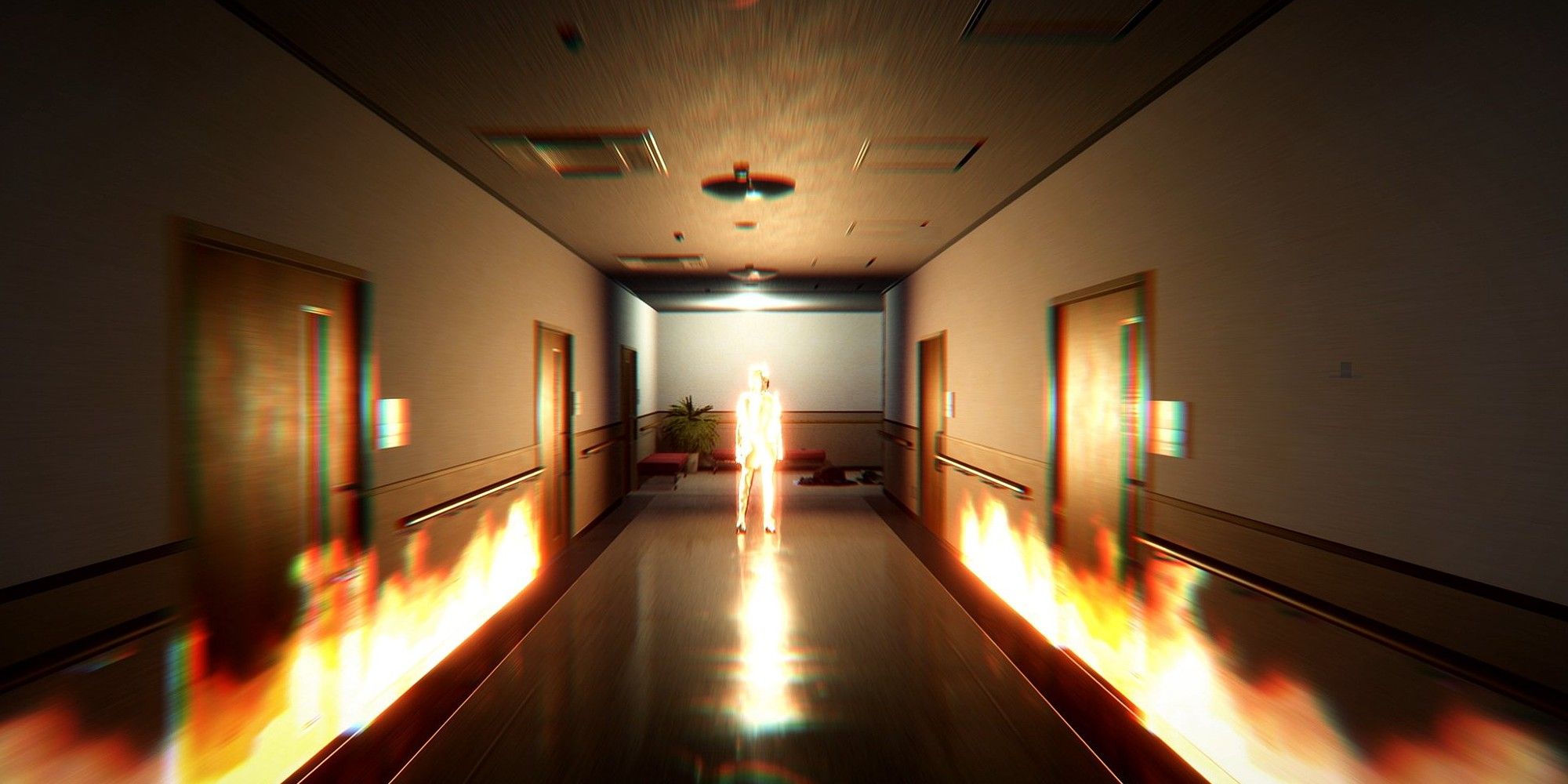 Ghostwire Tokyo Official Screenshot From PSN With A Corridor On Fire