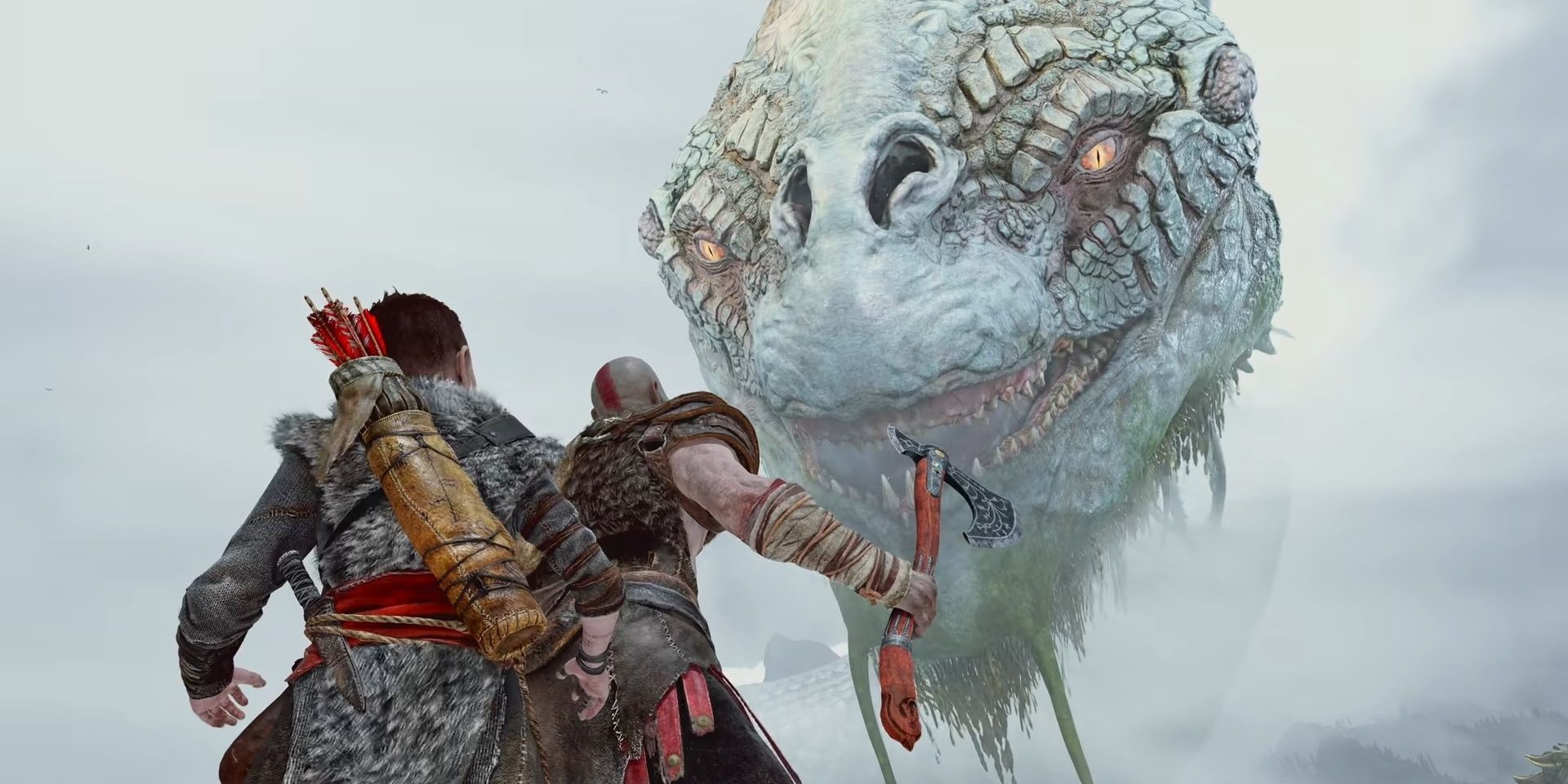 Kratos talking to the world serpent in God of War